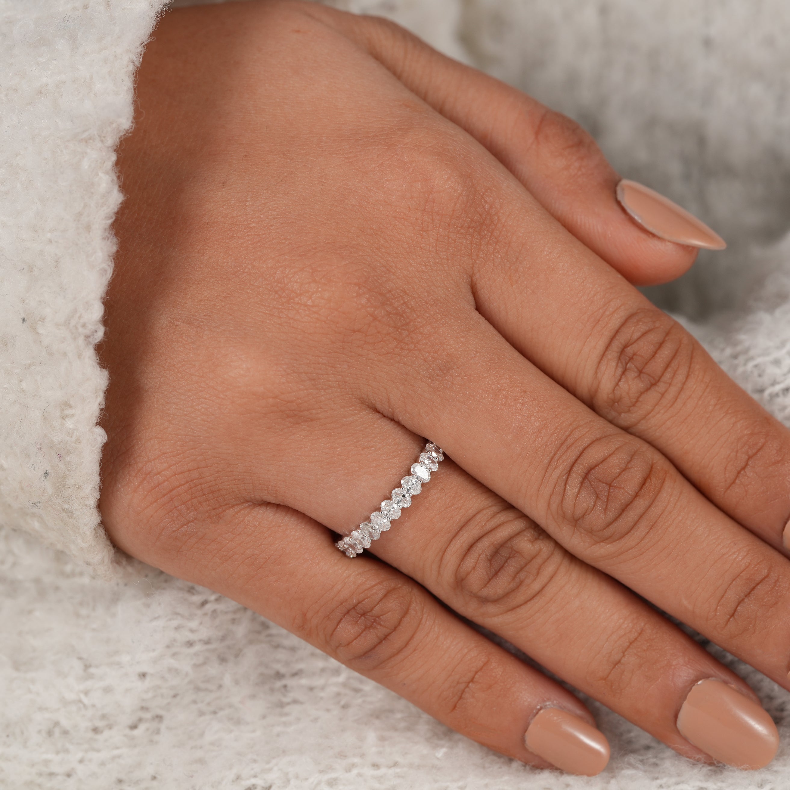 Oval lab diamond wedding band with seamless eternity circle design