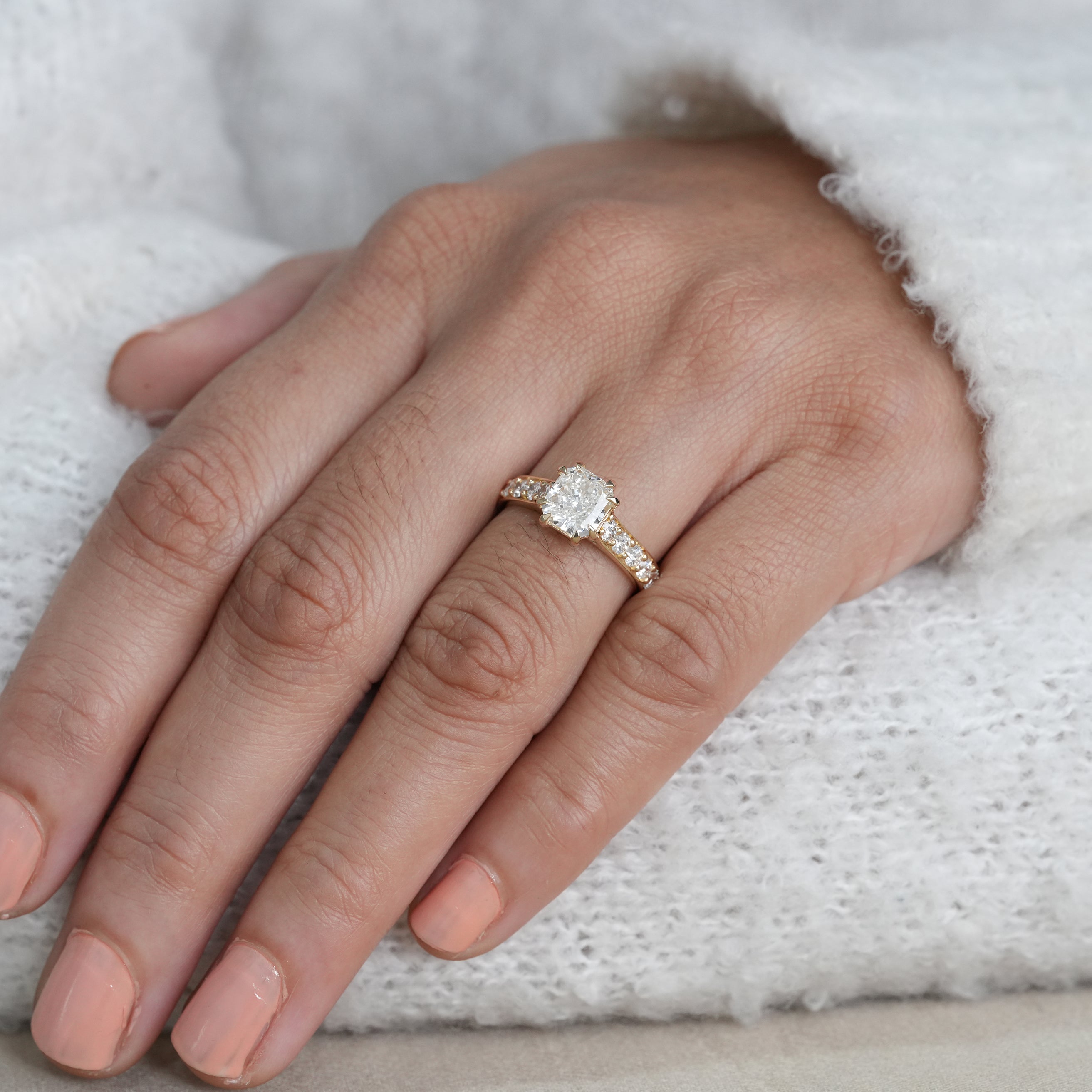 Statement square radiant lab grown diamond ring with side accents