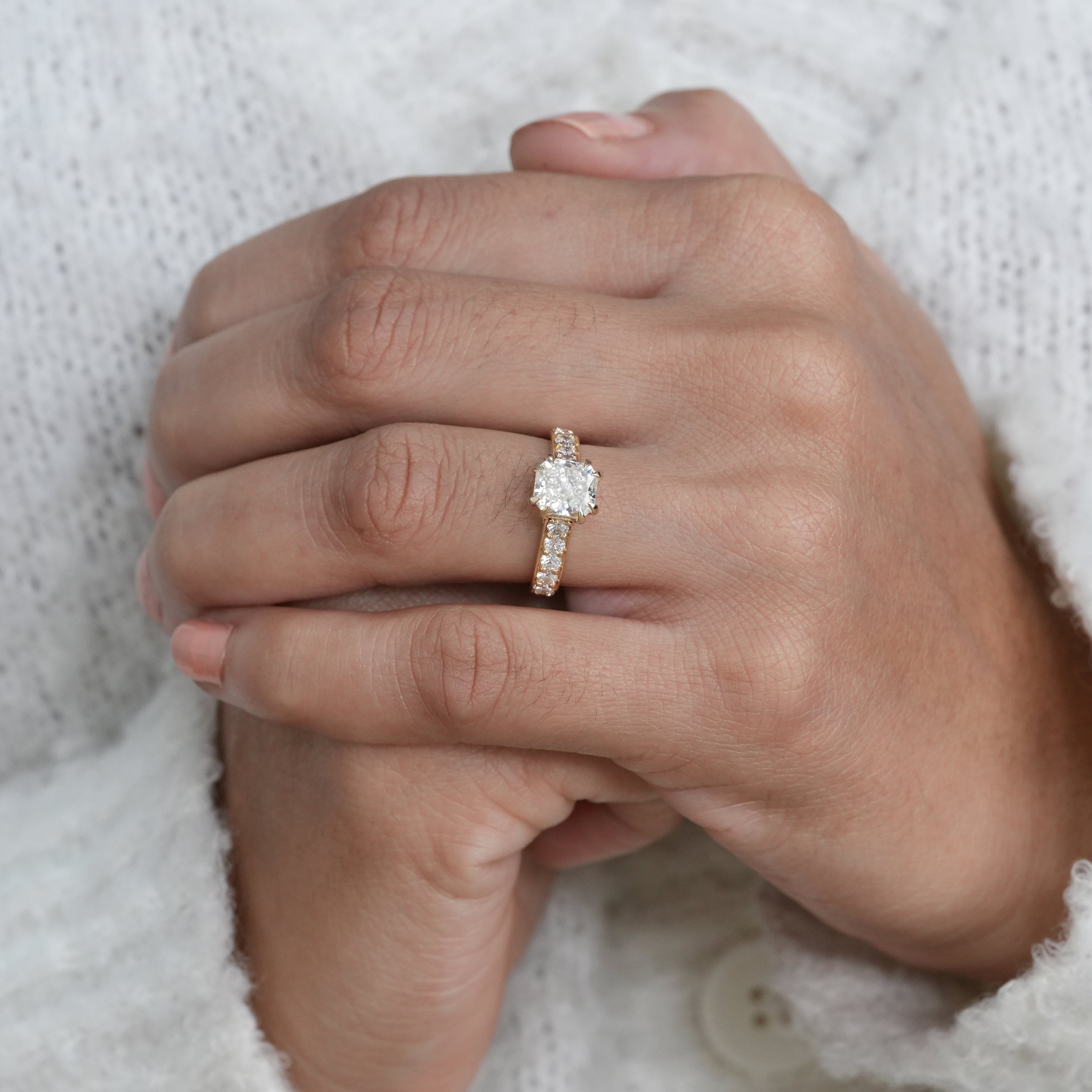 Modern square radiant lab grown diamond ring with prong setting
