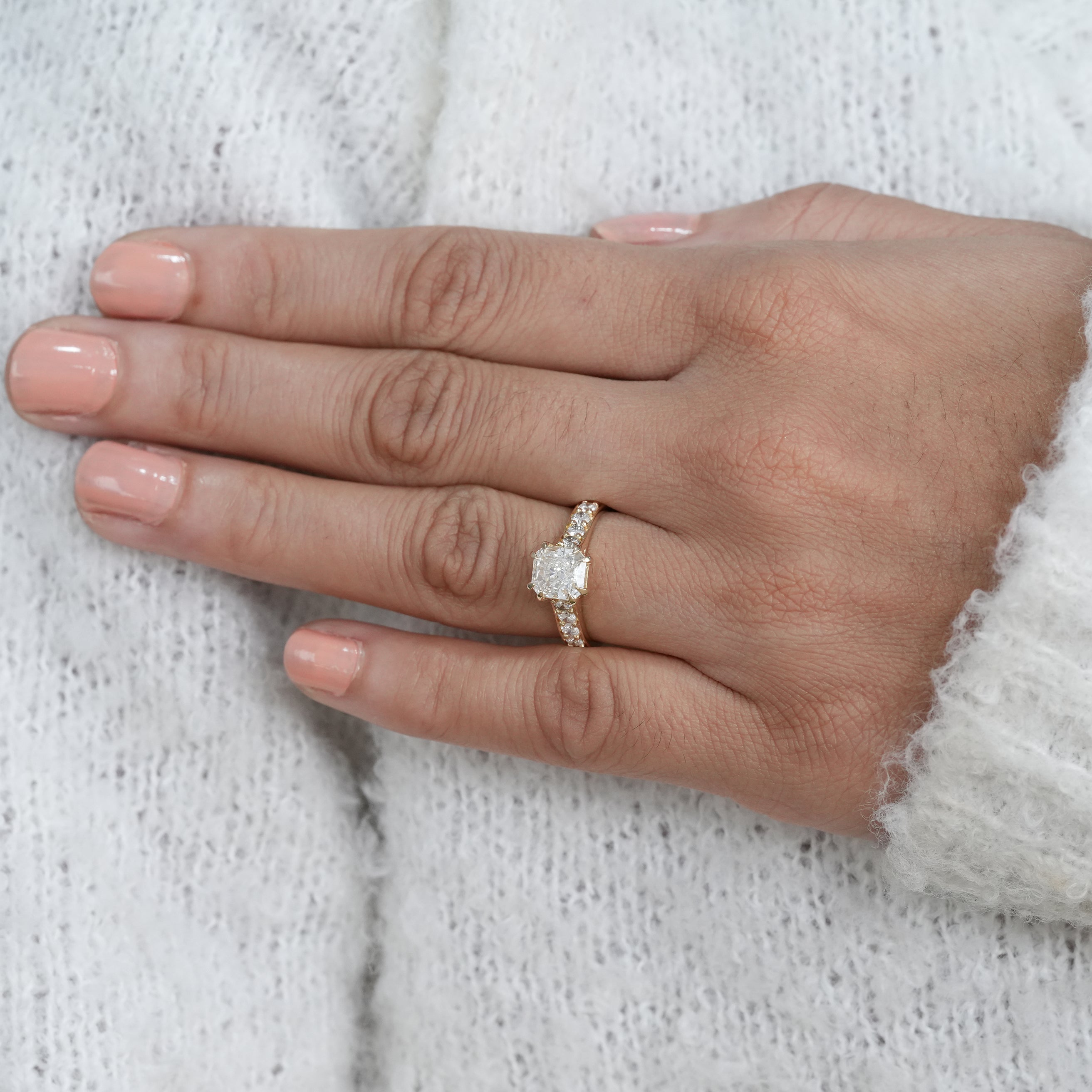 Classic square radiant lab grown diamond ring in polished yellow gold