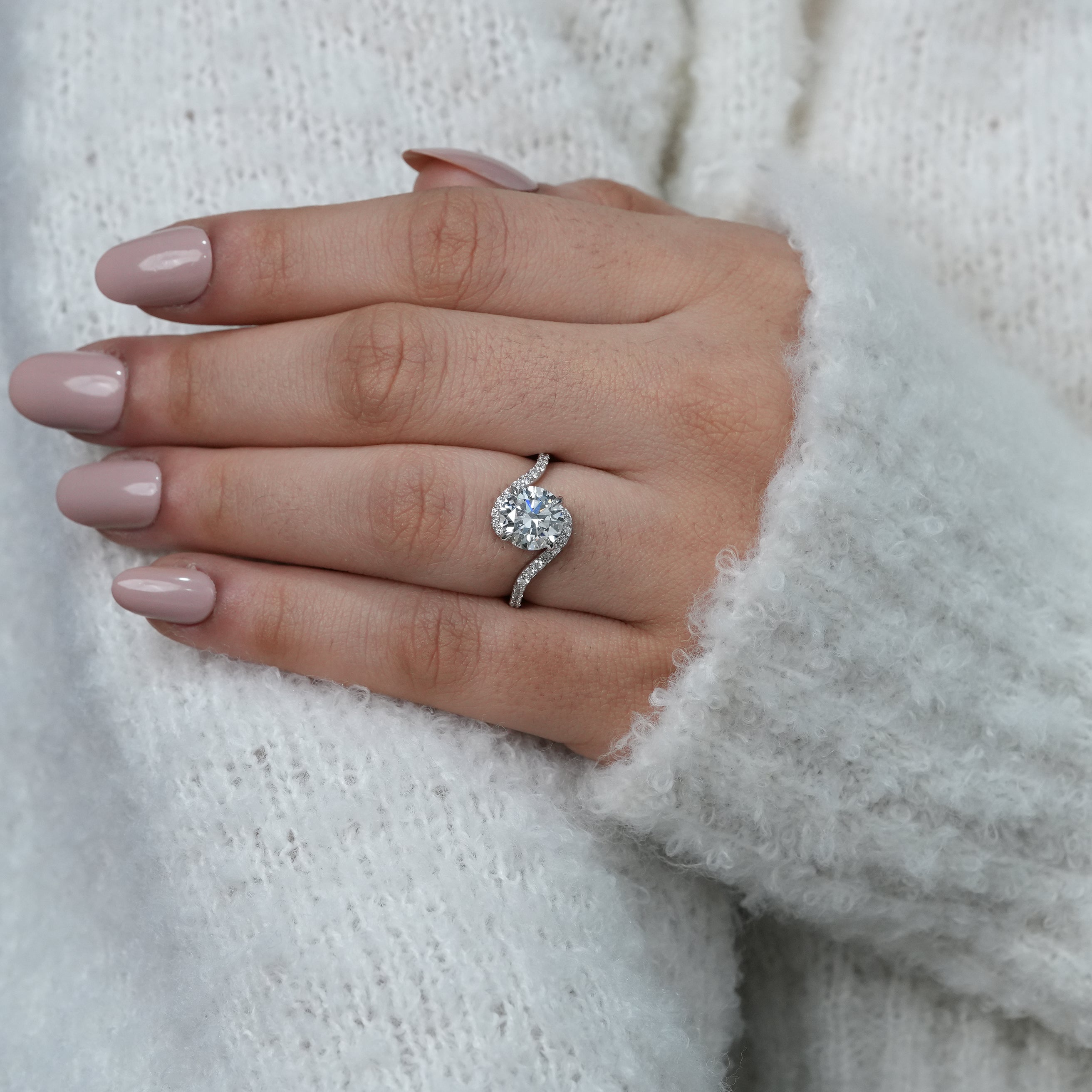 Round Cut Lab Diamond Solitaire Engagement Ring With Bypass Band