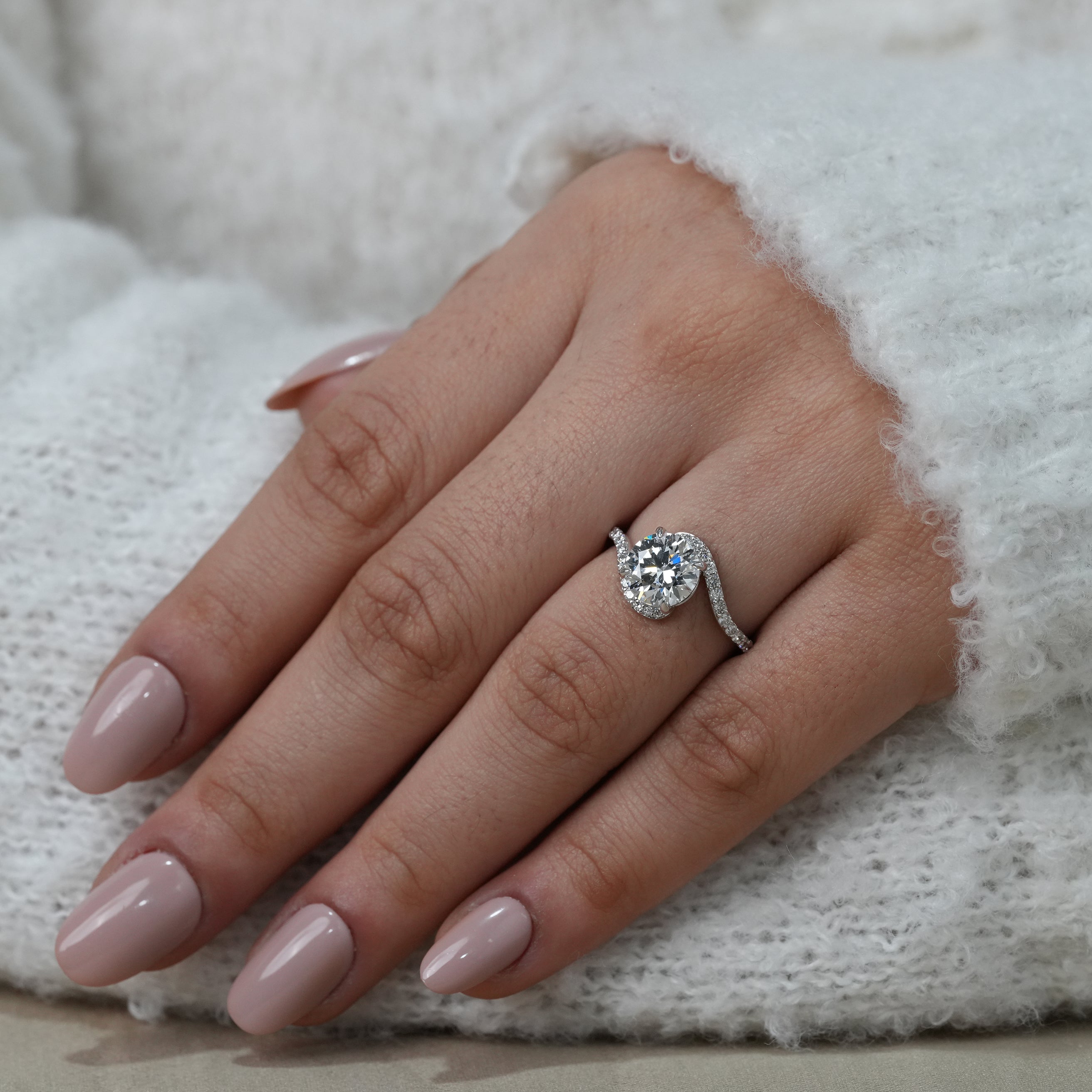 Round Cut Lab Diamond Solitaire Engagement Ring With Bypass Band