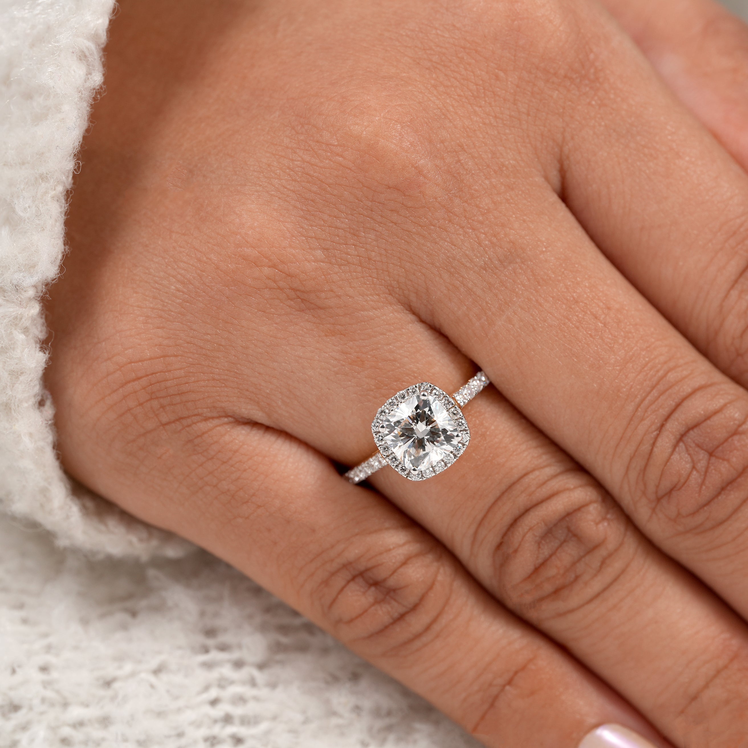 Romantic cushion cut lab diamond ring with sparkling diamond halo frame