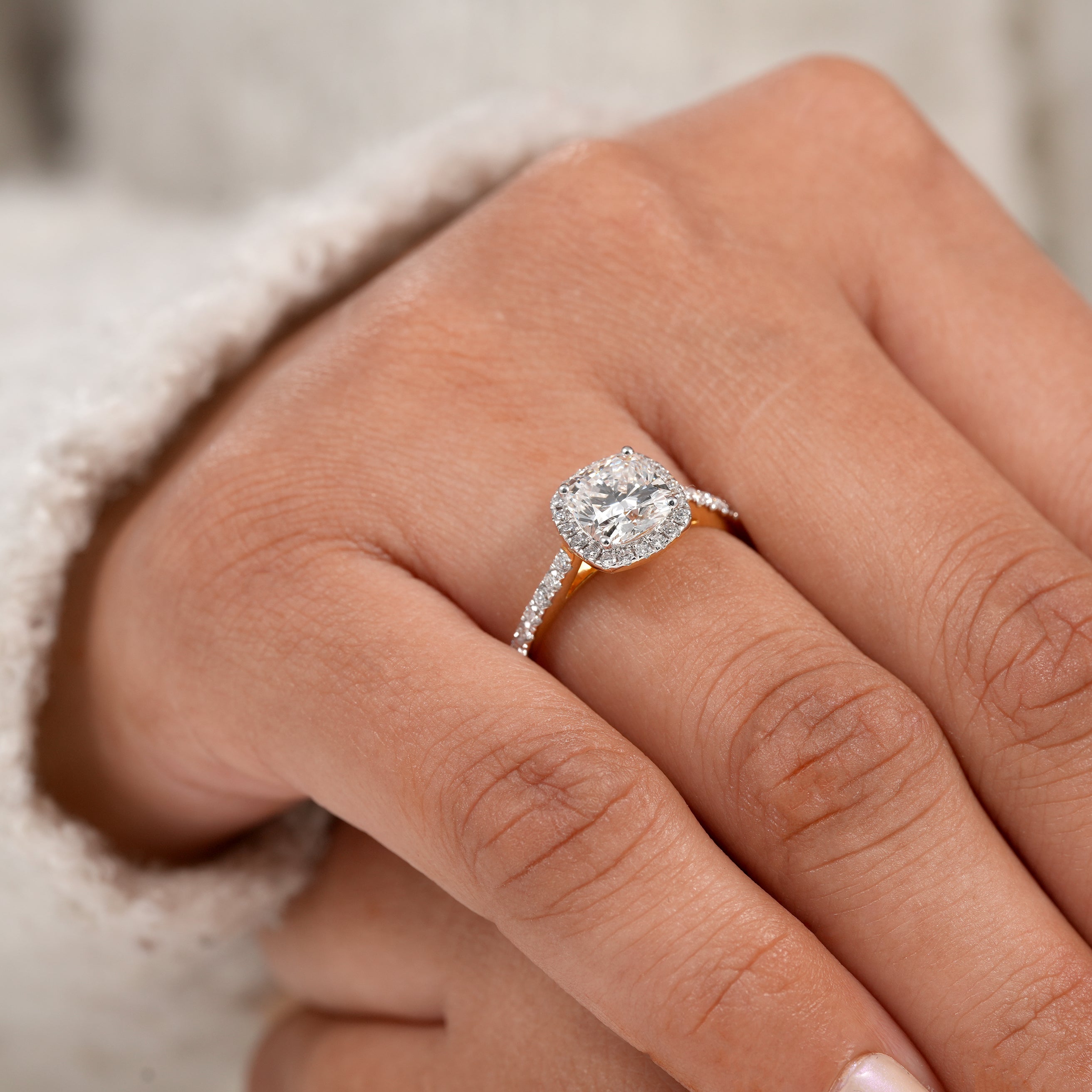 Dainty cushion cut lab diamond ring with luxurious pavé diamond band