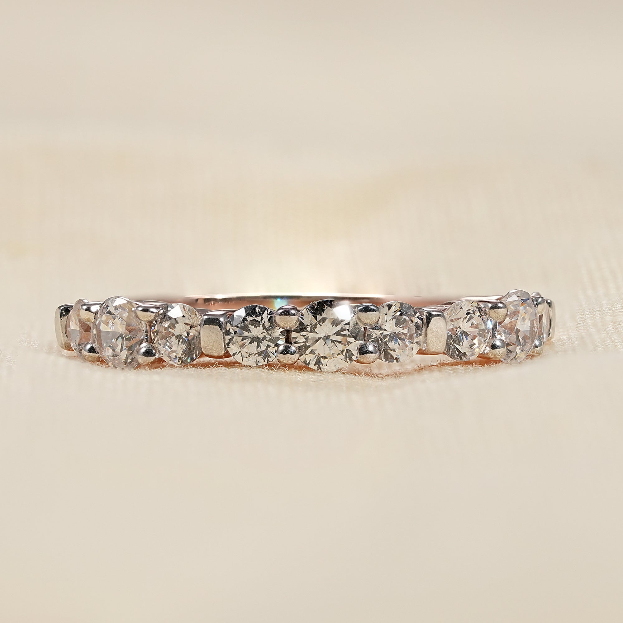 Minimalist lab diamond eternity wedding band with shared prong and bar setting