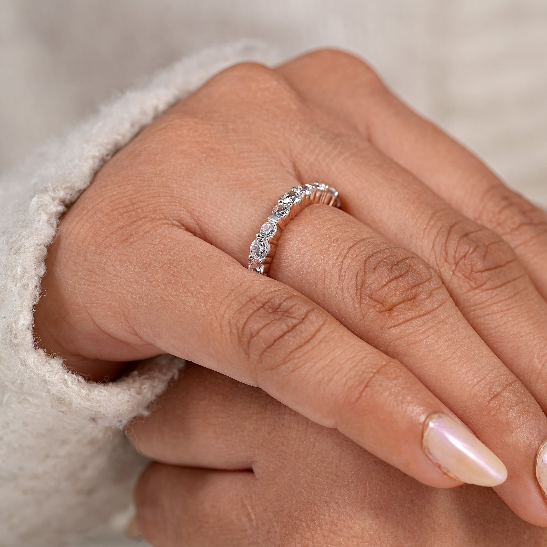 Modern lab diamond stacking band with elegant shared prong setting