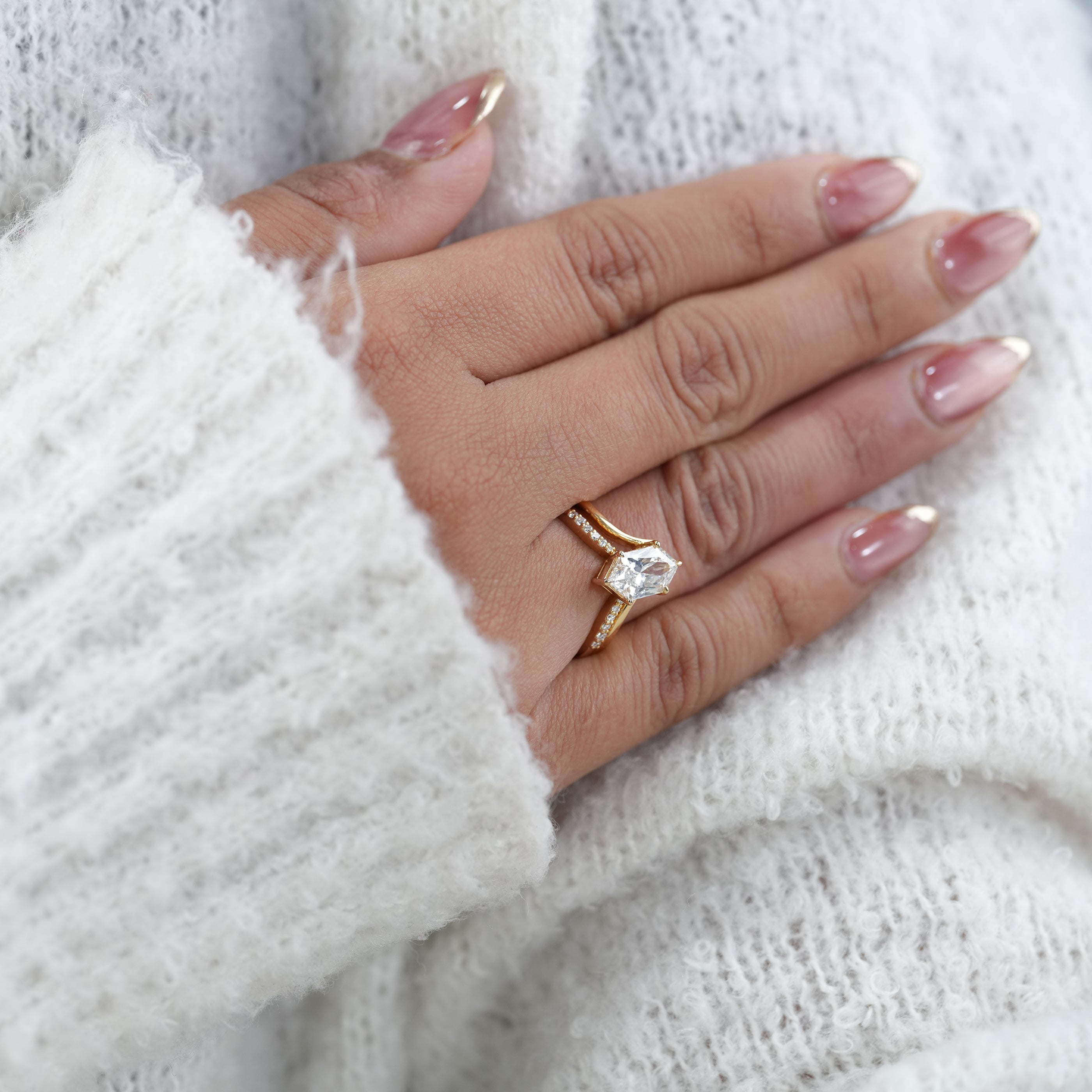 Luxury Hexagon Lab Diamond Solitaire with Curved Band Ring Set