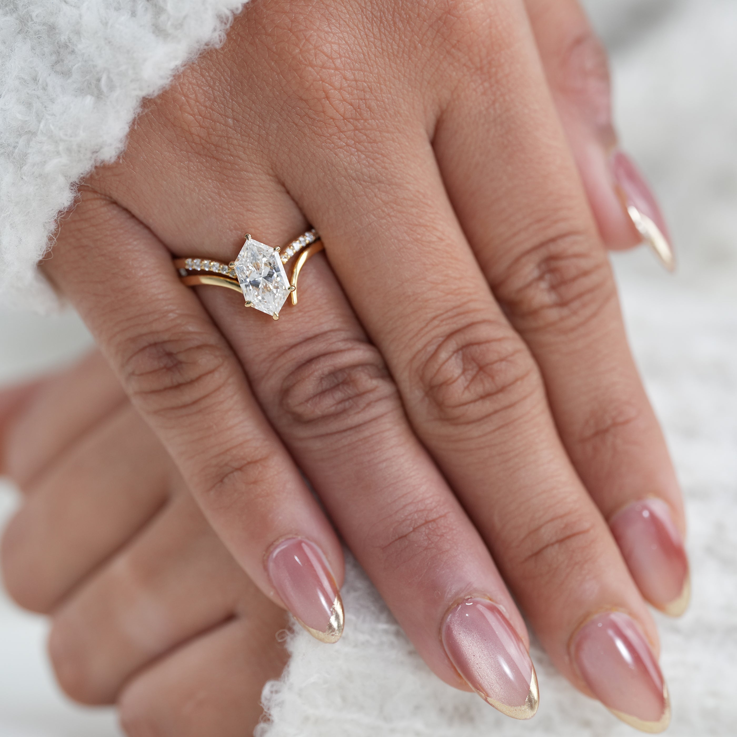 Luxury Hexagon Lab Diamond Solitaire with Curved Band Ring Set
