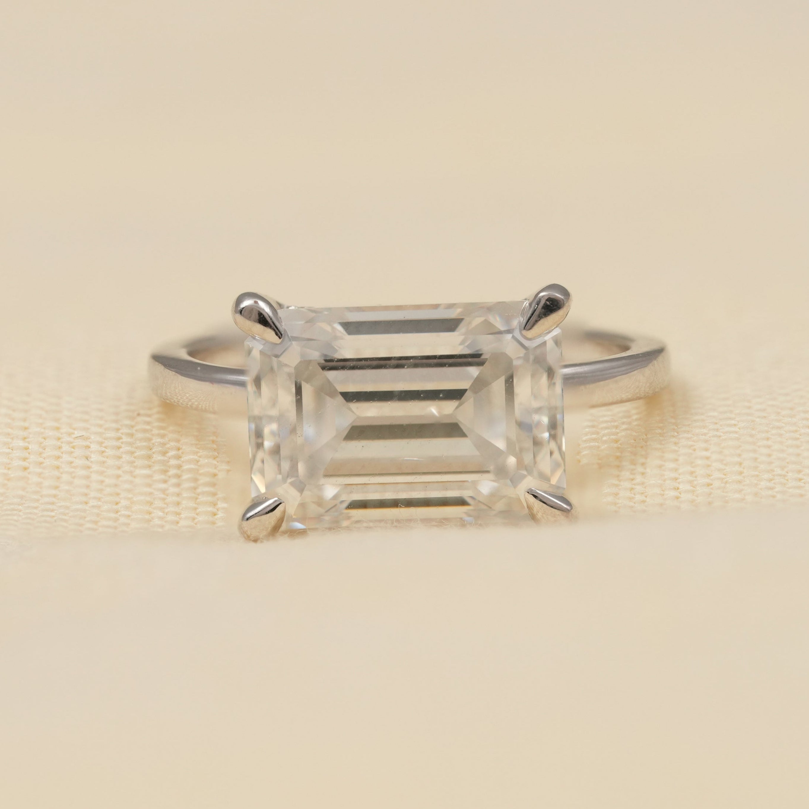 East West Emerald Cut Lab Diamond Engagement Ring in White Gold