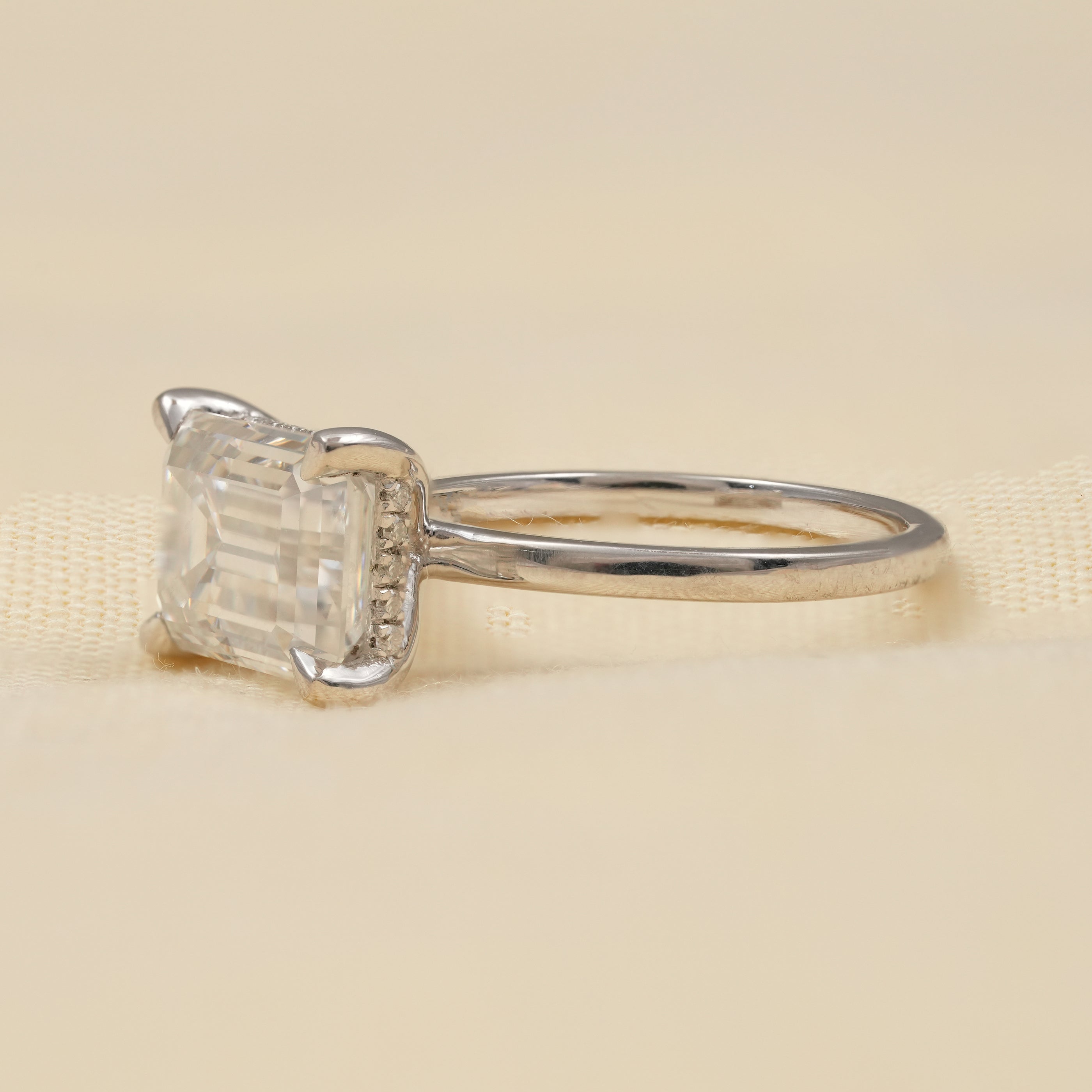Emerald Cut Lab Grown Diamond Ring with Hidden Halo Setting