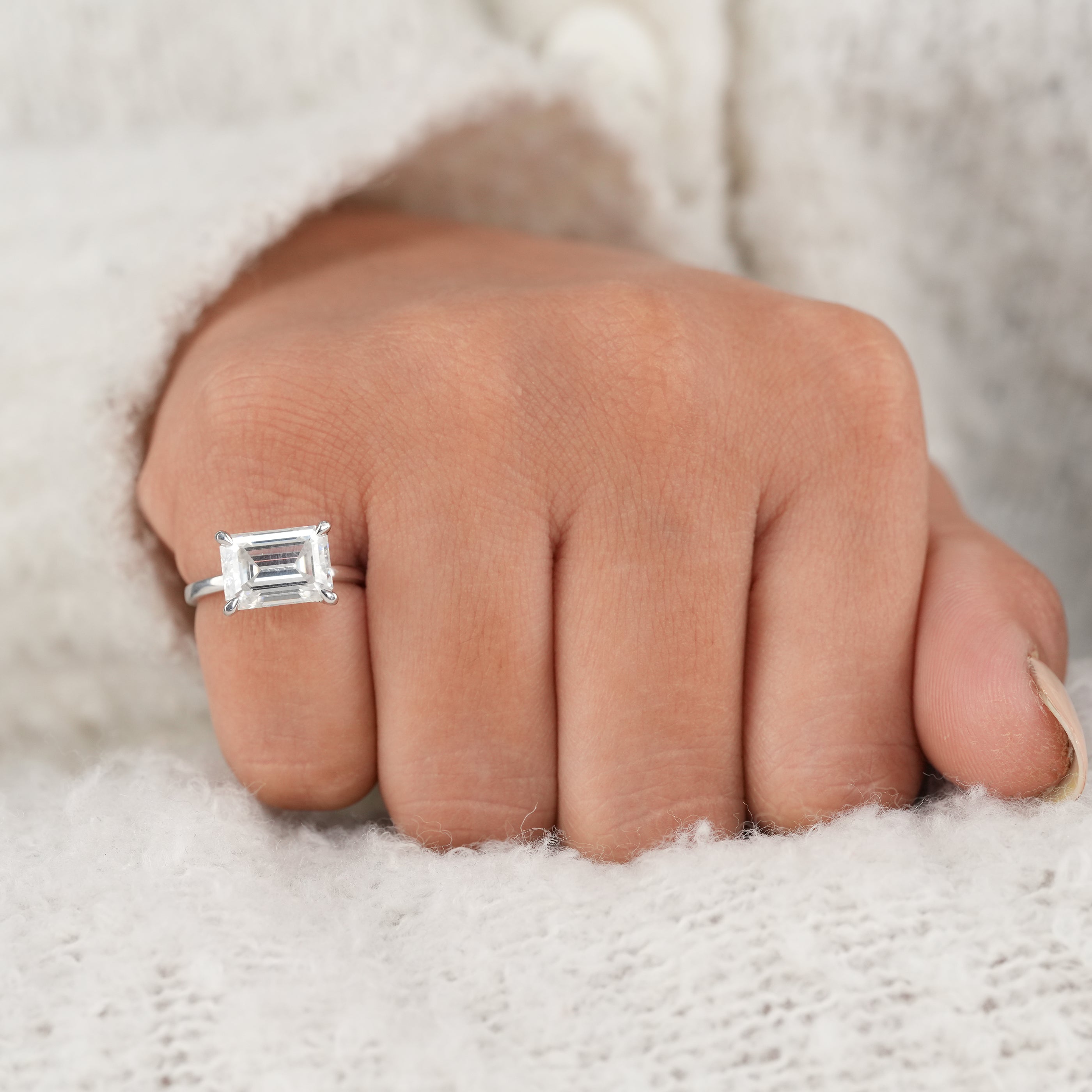 Modern Hidden Halo Lab Diamond Ring with Emerald Cut Stone