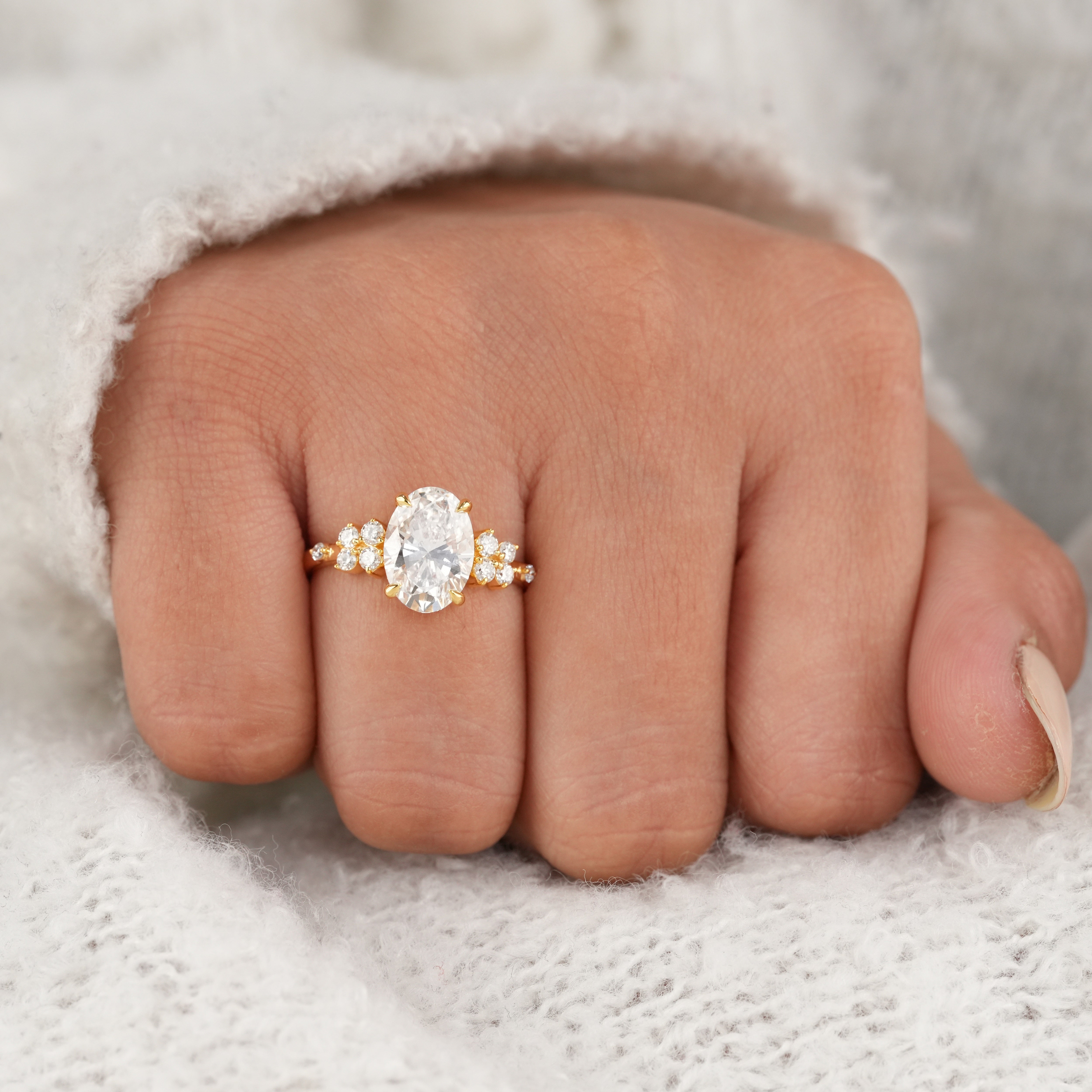 Floral Inspired Oval Cut Lab Diamond Cluster Engagement Ring