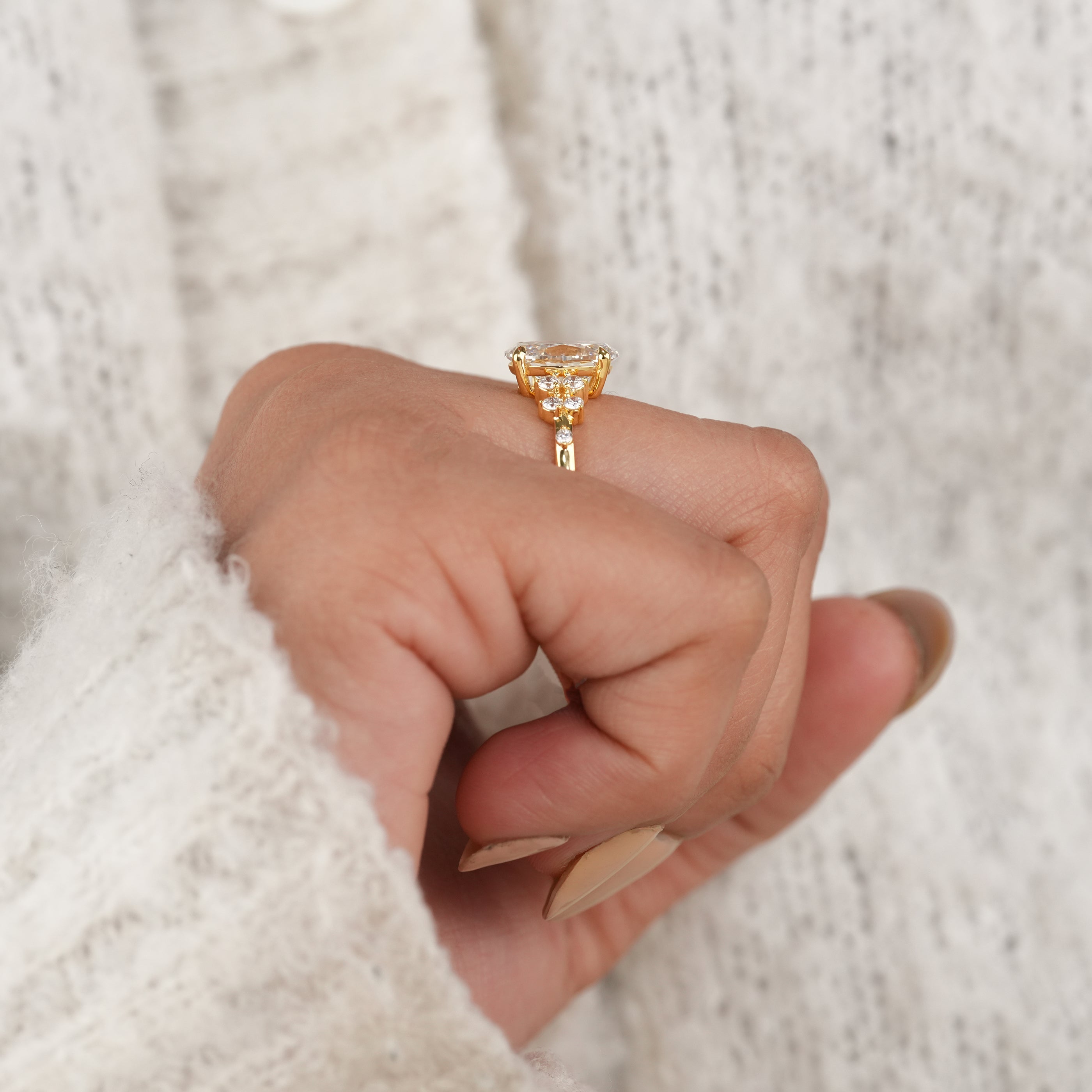 Floral Inspired Oval Cut Lab Diamond Cluster Engagement Ring