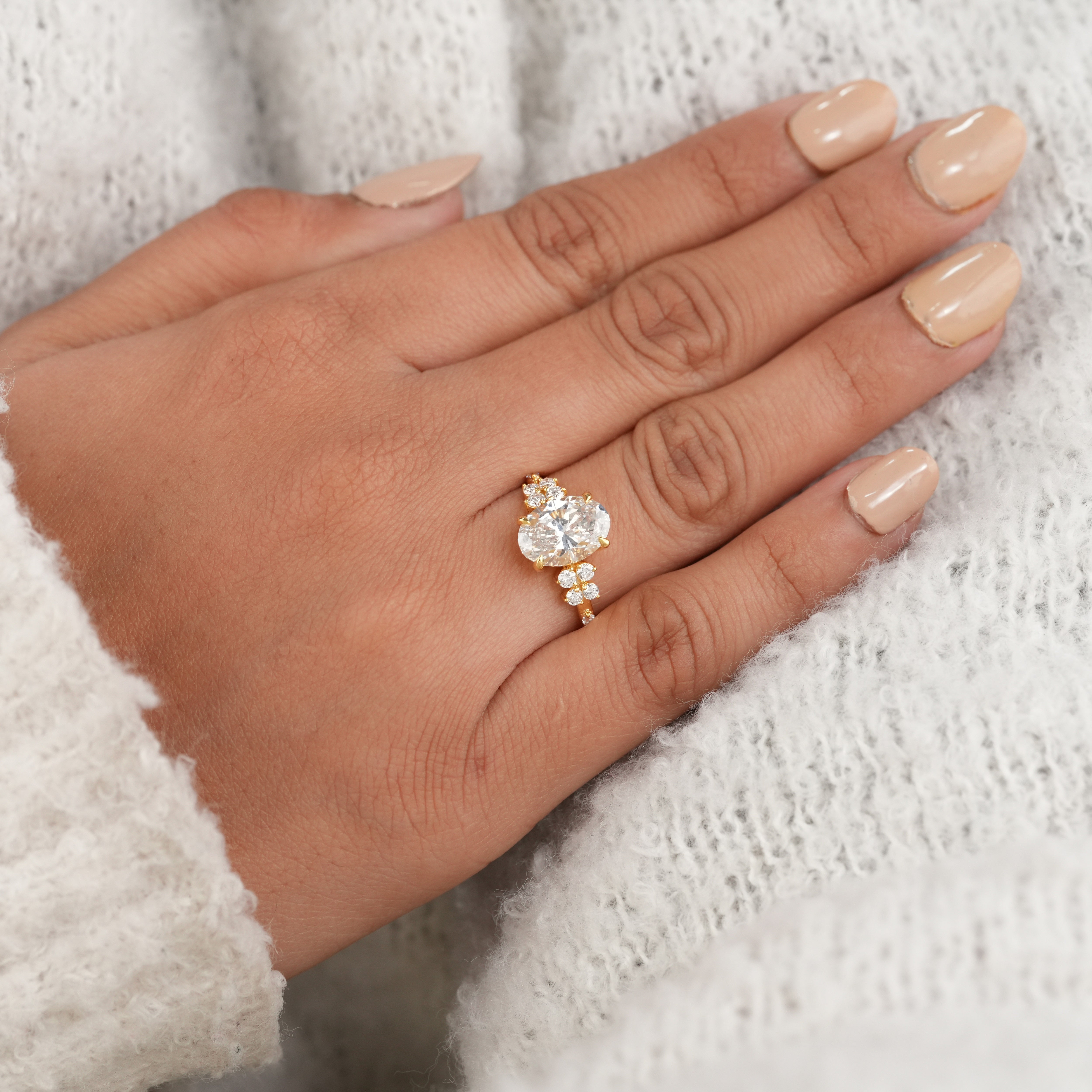 Floral Inspired Oval Cut Lab Diamond Cluster Engagement Ring