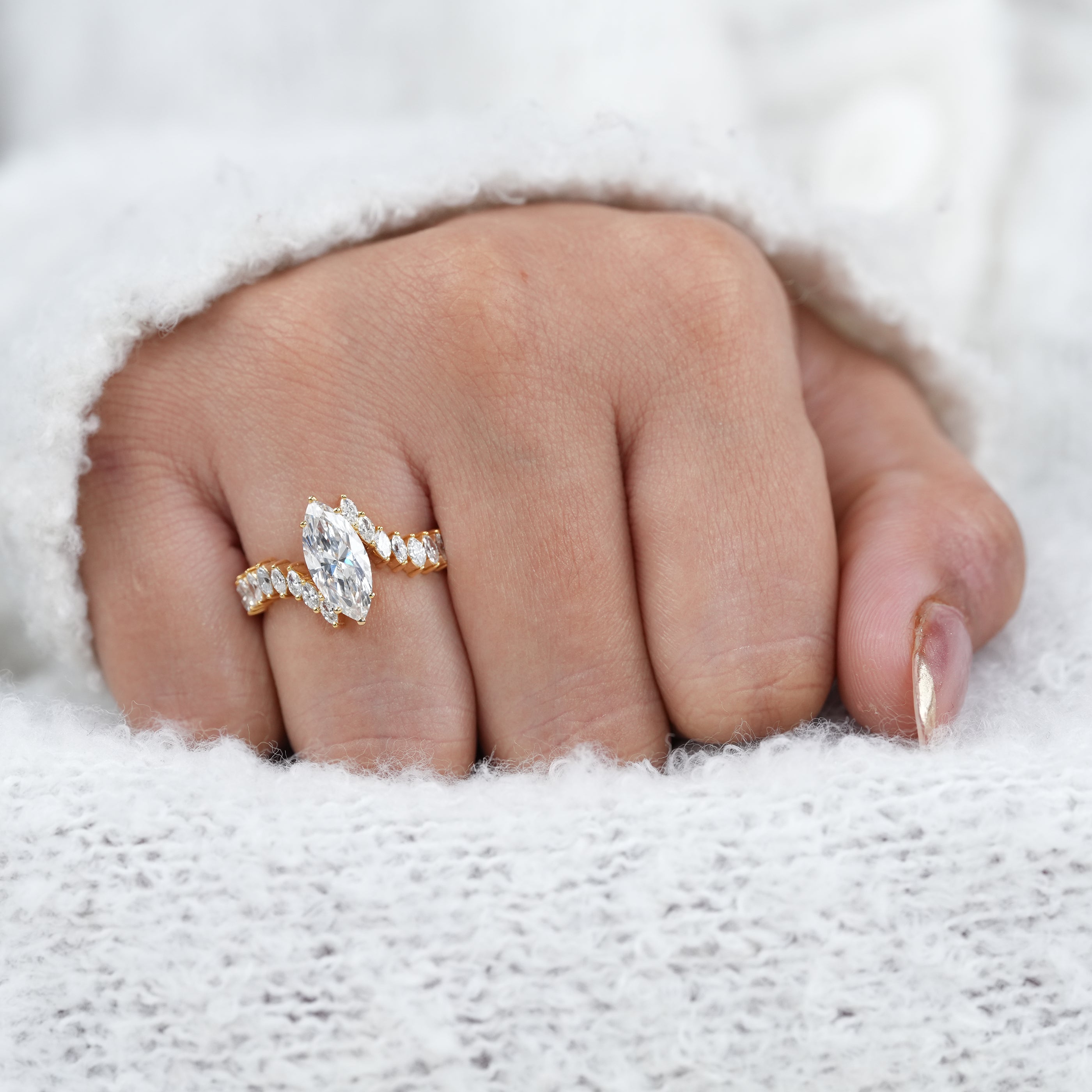 Vintage Style Marquise Lab Diamond Engagement Bypass Band