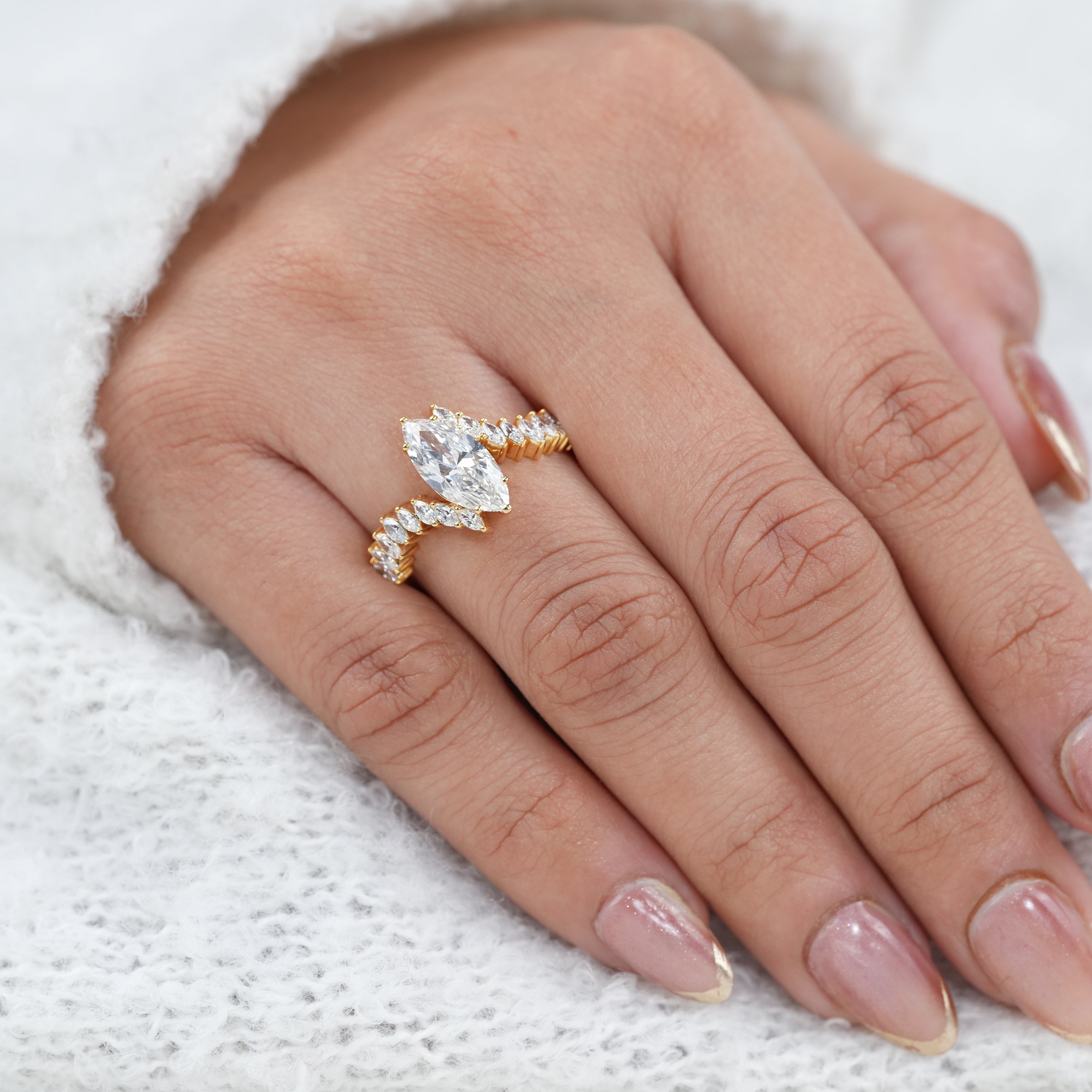 Vintage Style Marquise Lab Diamond Engagement Bypass Band