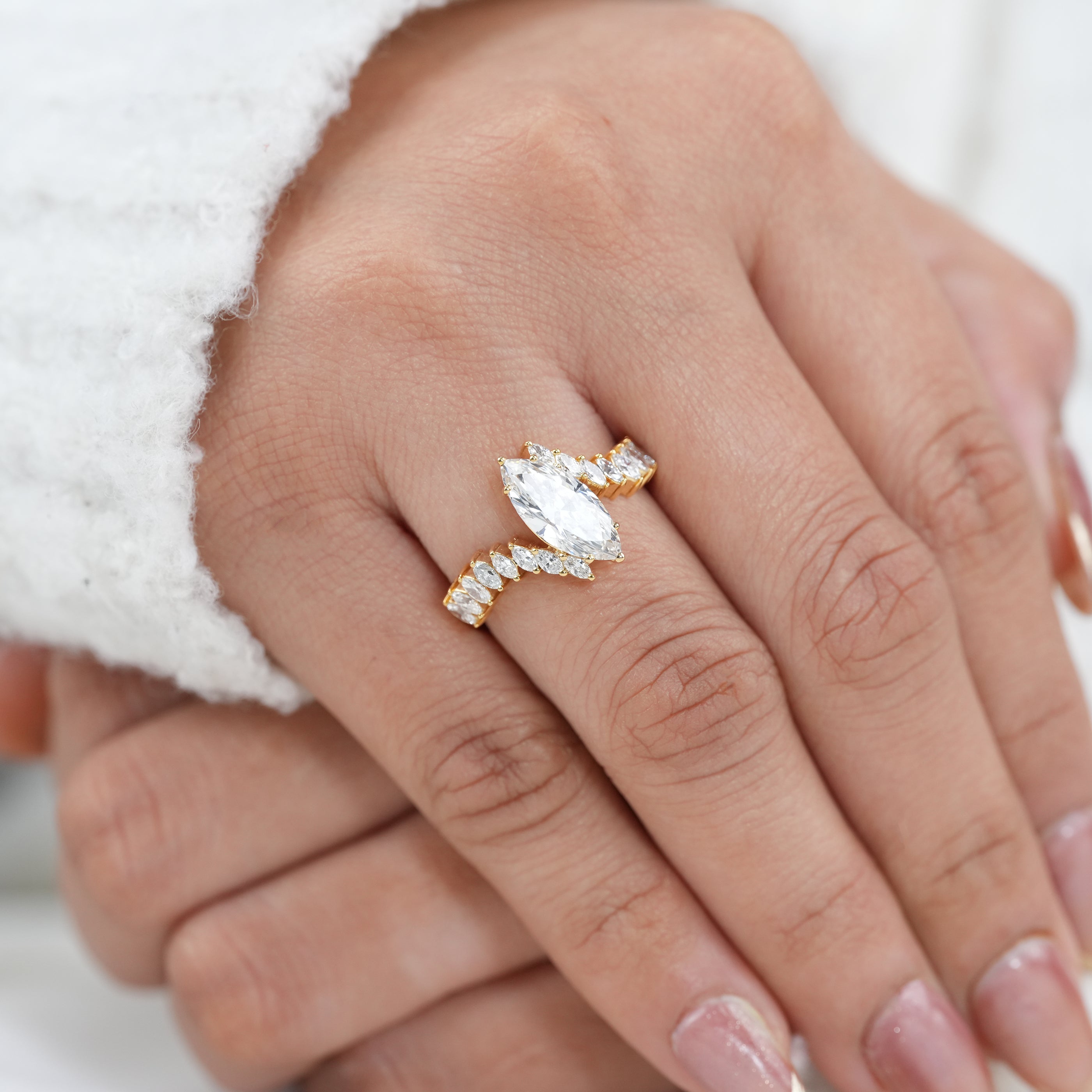 Vintage Style Marquise Lab Diamond Engagement Bypass Band