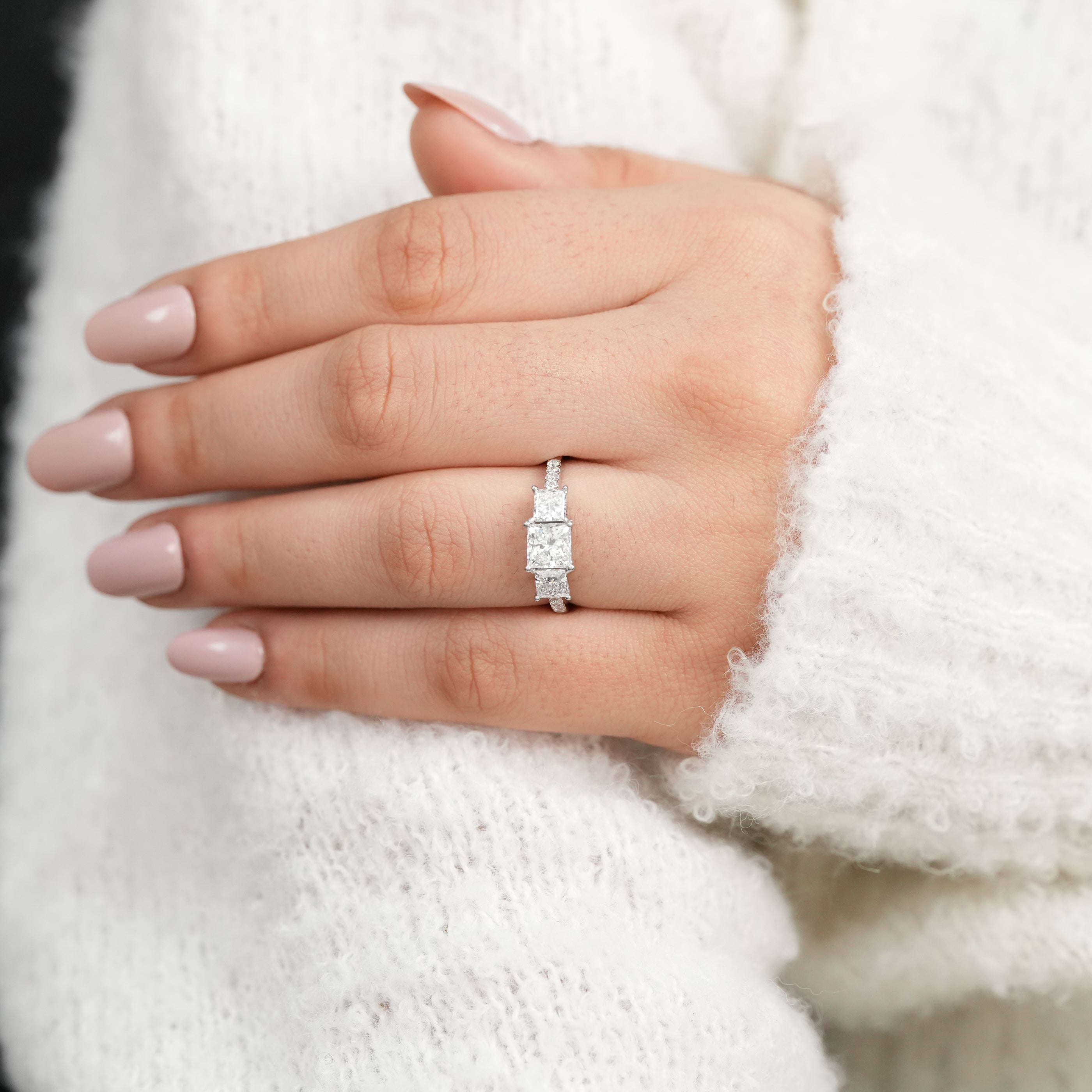 Timeless three stone princess ring designed around lab grown diamond brilliance