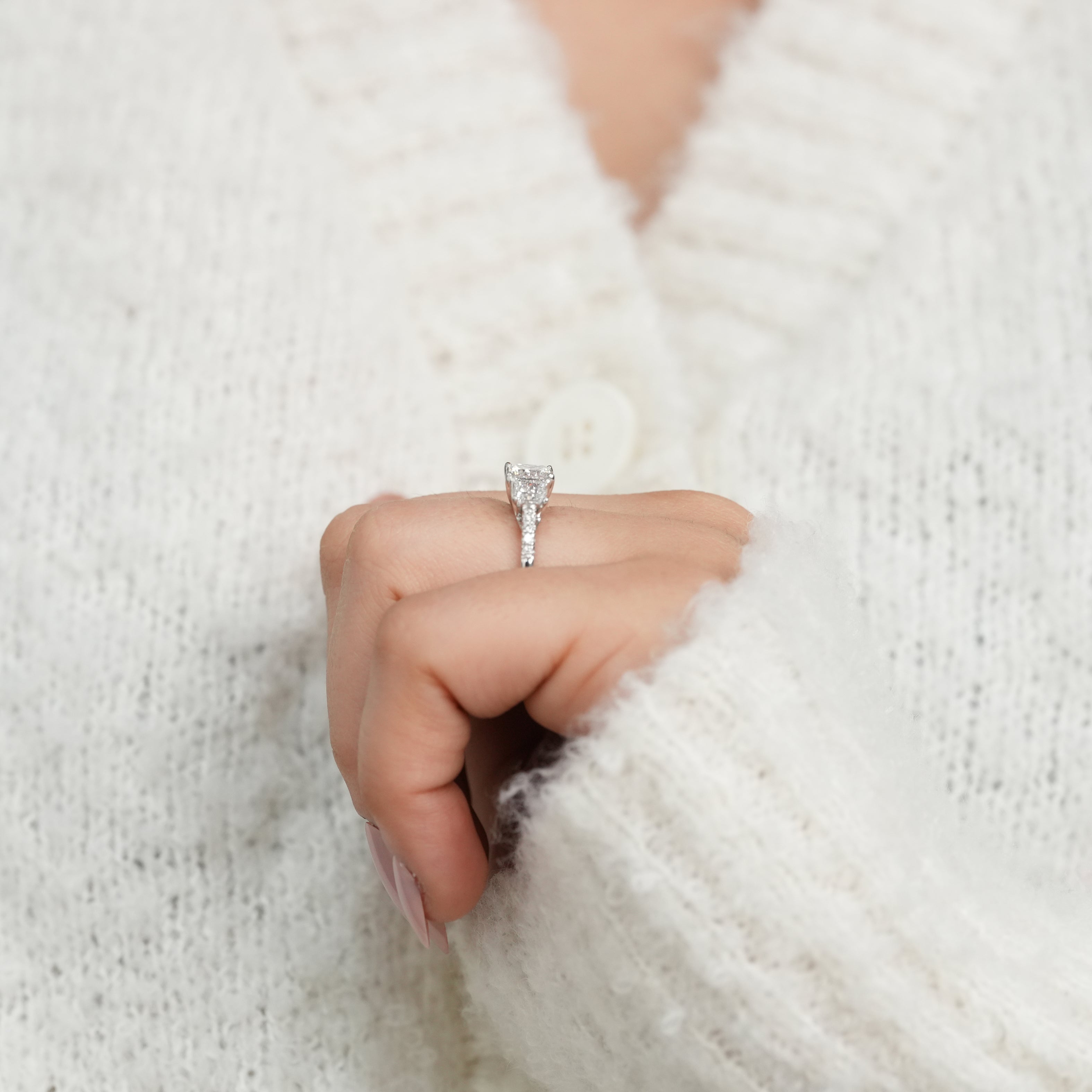 Luxury princess cut three stone ring featuring perfectly matched lab grown diamonds