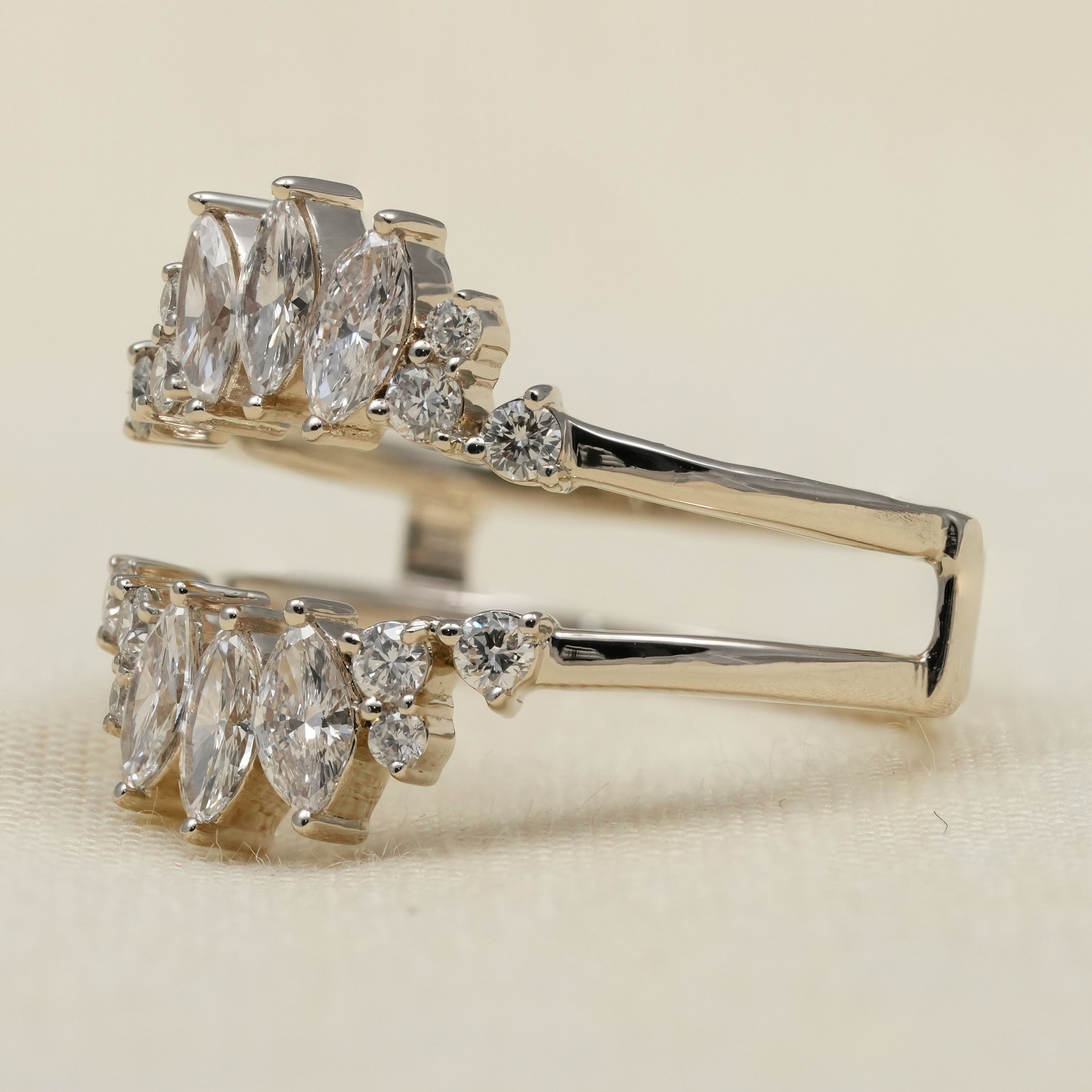 Crown inspired chevron ring showcasing marquise lab grown diamond brilliance