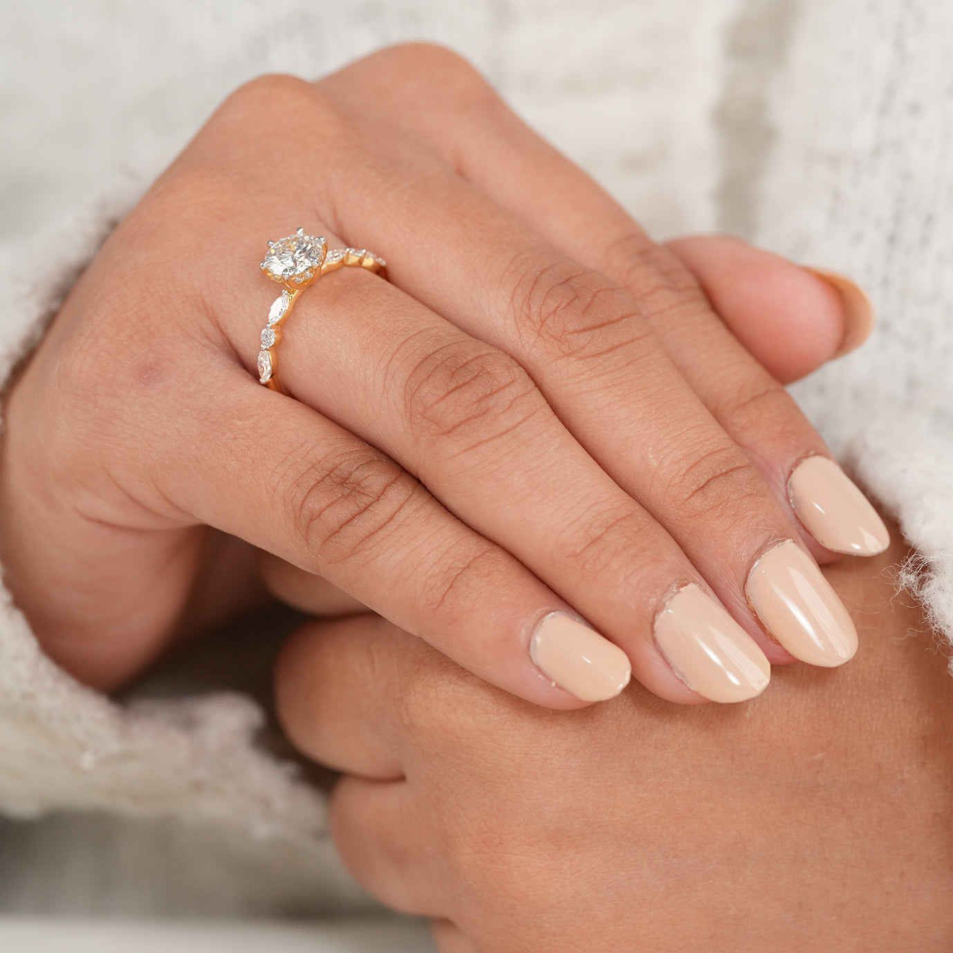 Timeless Round Cut Diamond Ring with Marquise Diamond Band