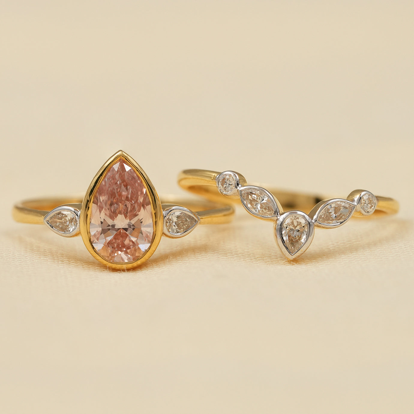 Pink Pear Cut Lab Diamond Bridal Ring Set in Yellow Gold