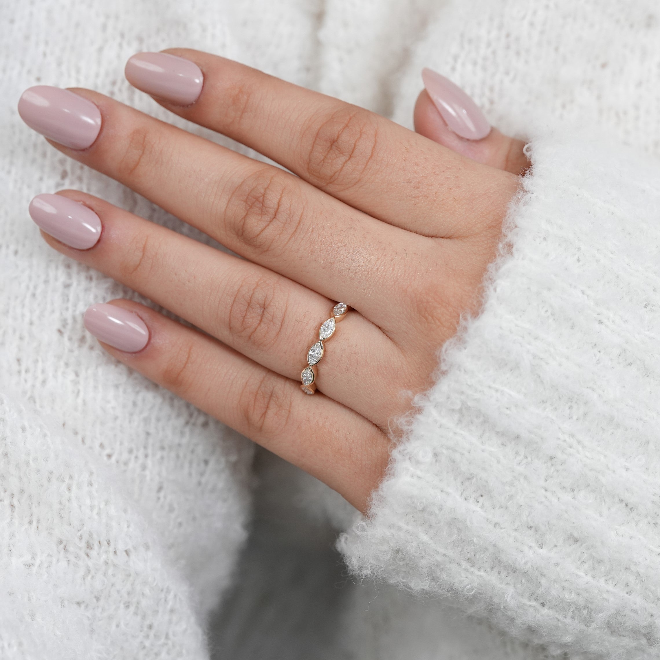 Minimal bezel set marquise band designed with lab grown diamonds for stacking