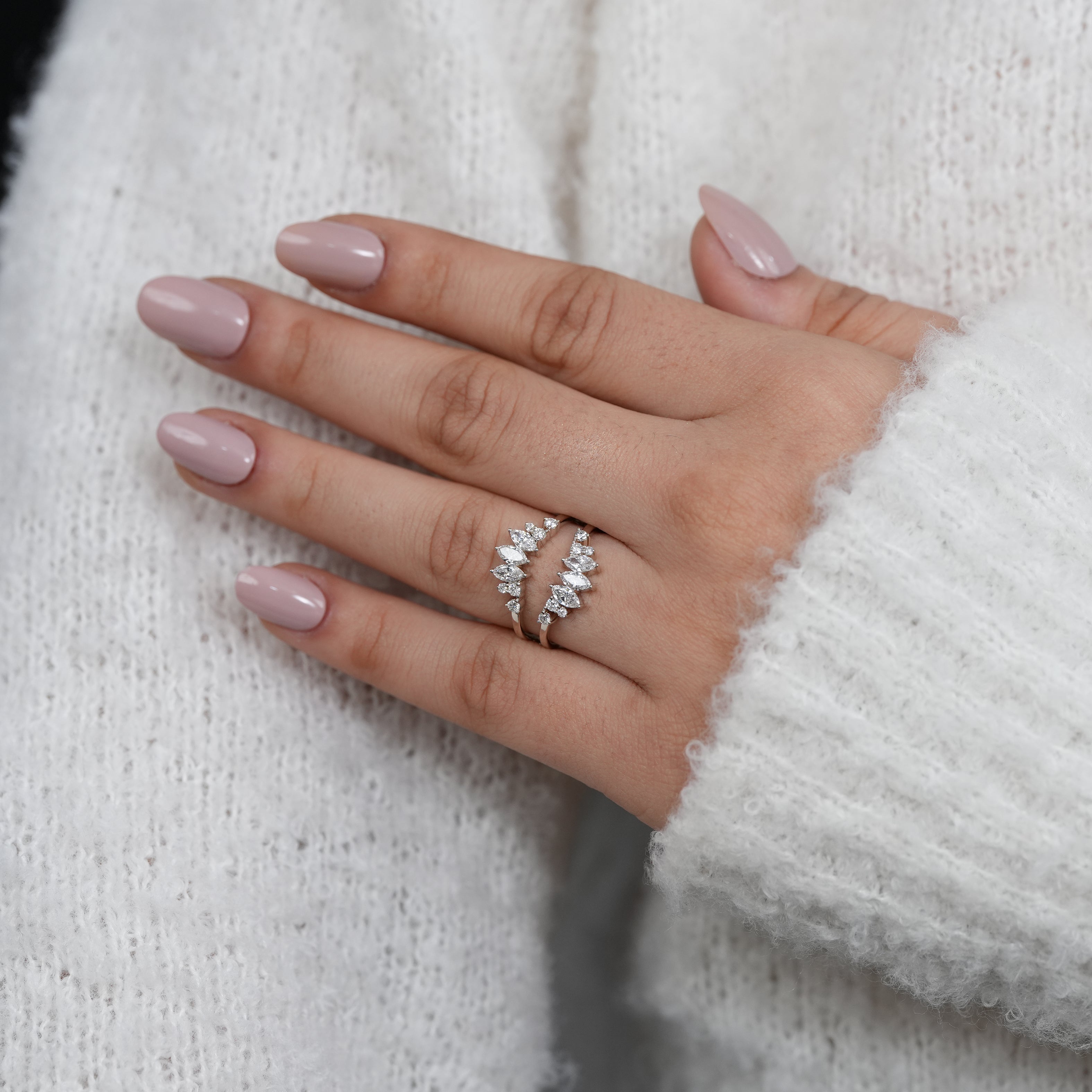 Vintage style chevron ring with marquise lab grown diamonds and round accents