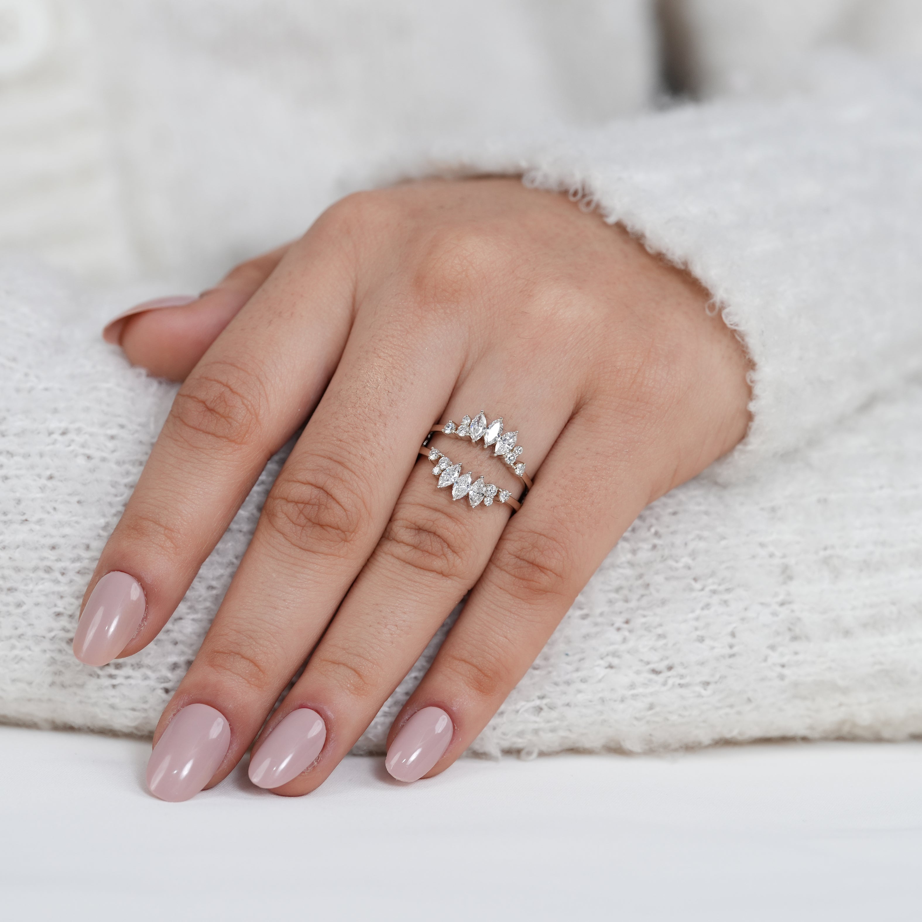 Unique chevron ring designed with marquise lab grown diamonds sparkling beautifully