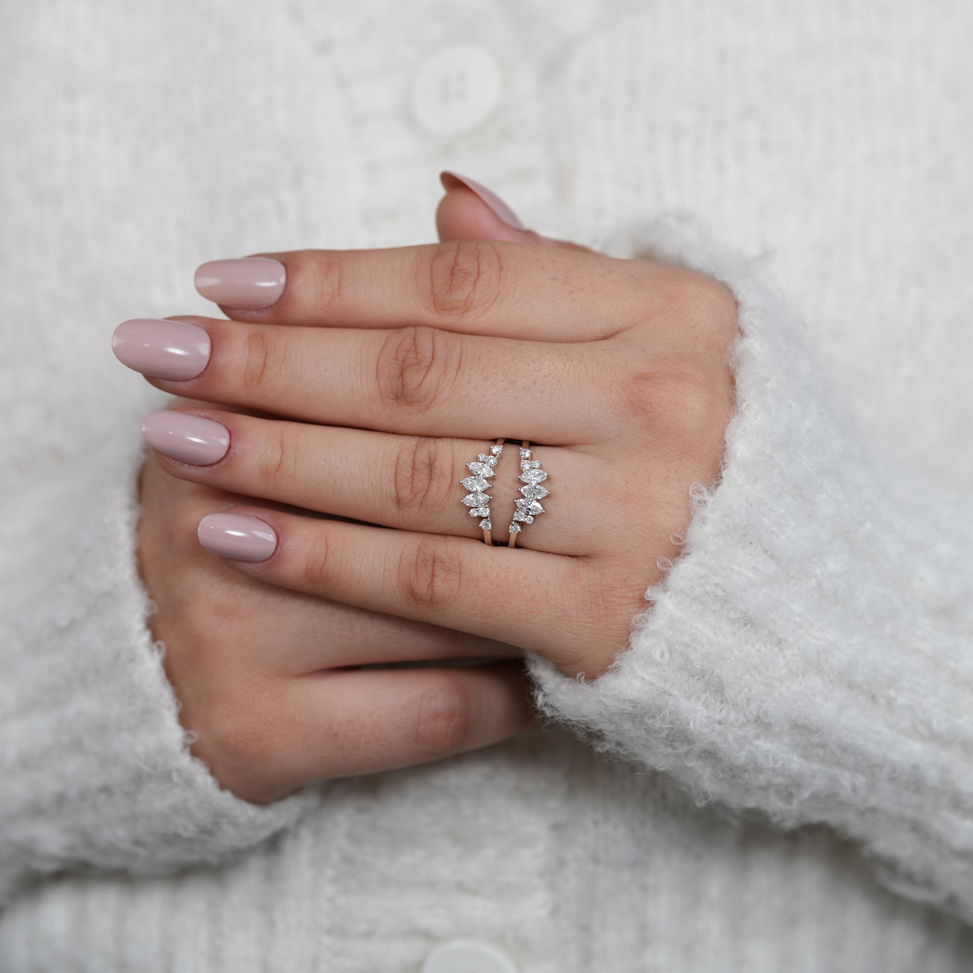 Unique chevron ring designed with marquise lab grown diamonds sparkling beautifully