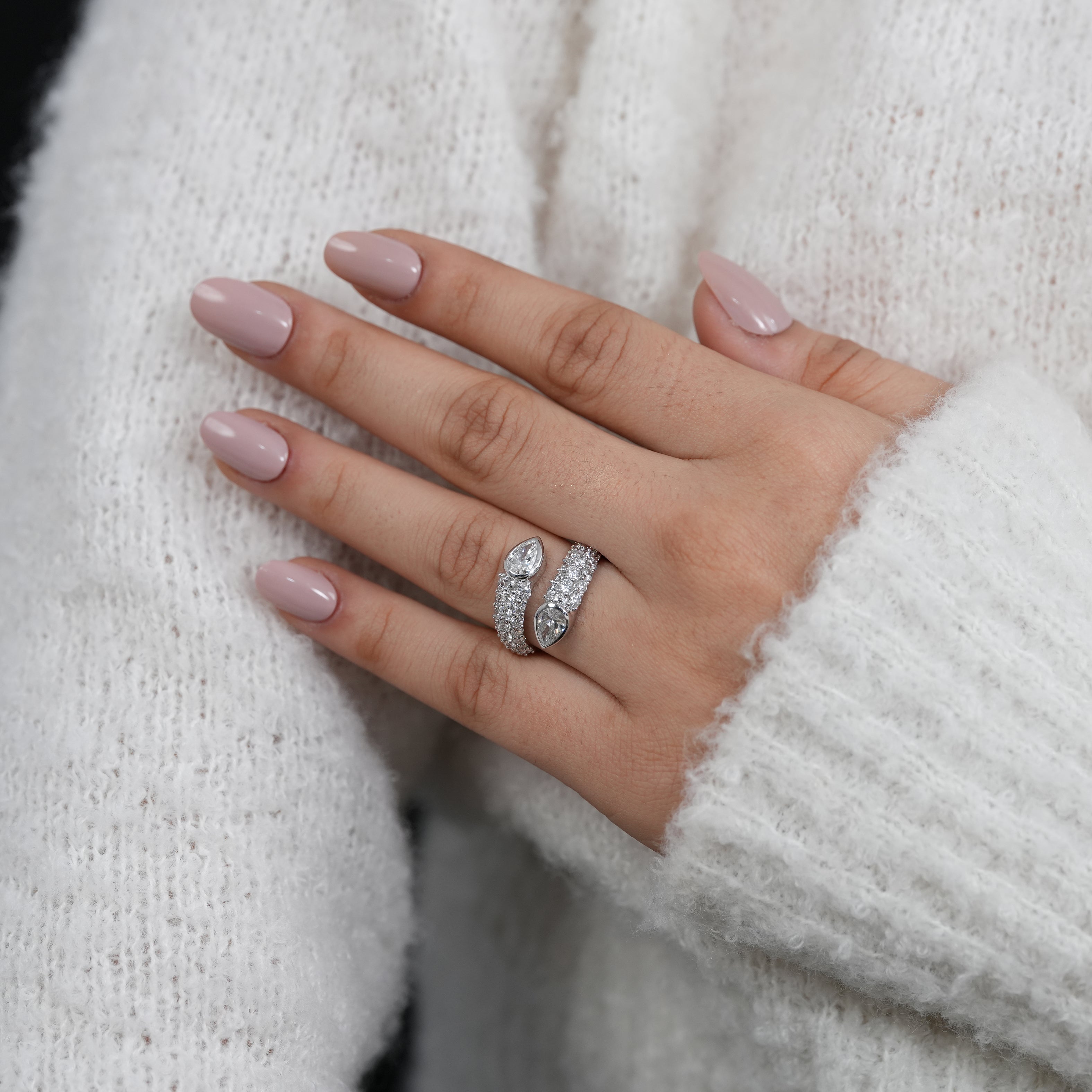 Open ended diamond ring featuring pear lab grown diamonds modern design