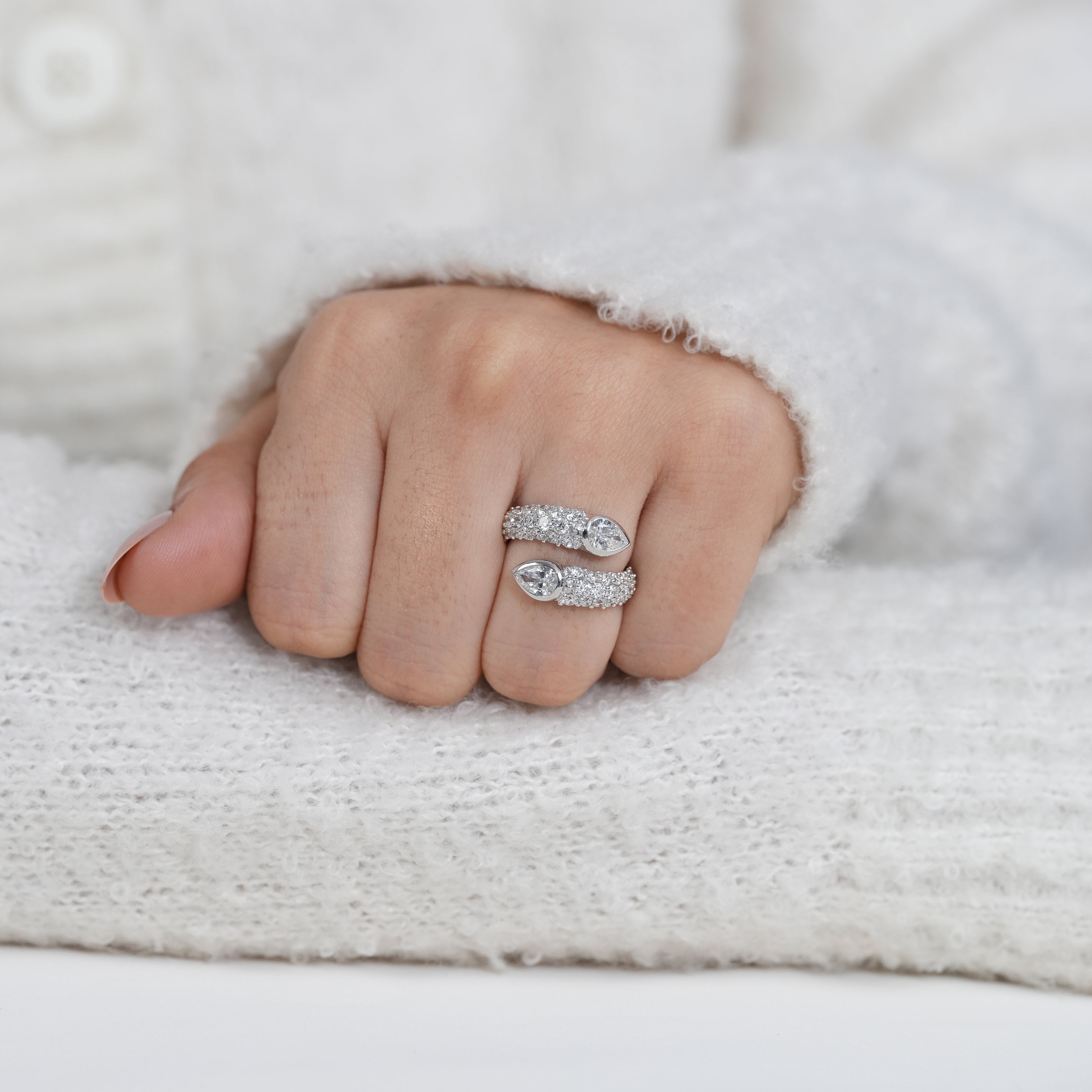 Unique open ring with pear lab grown diamonds and pavé sparkle