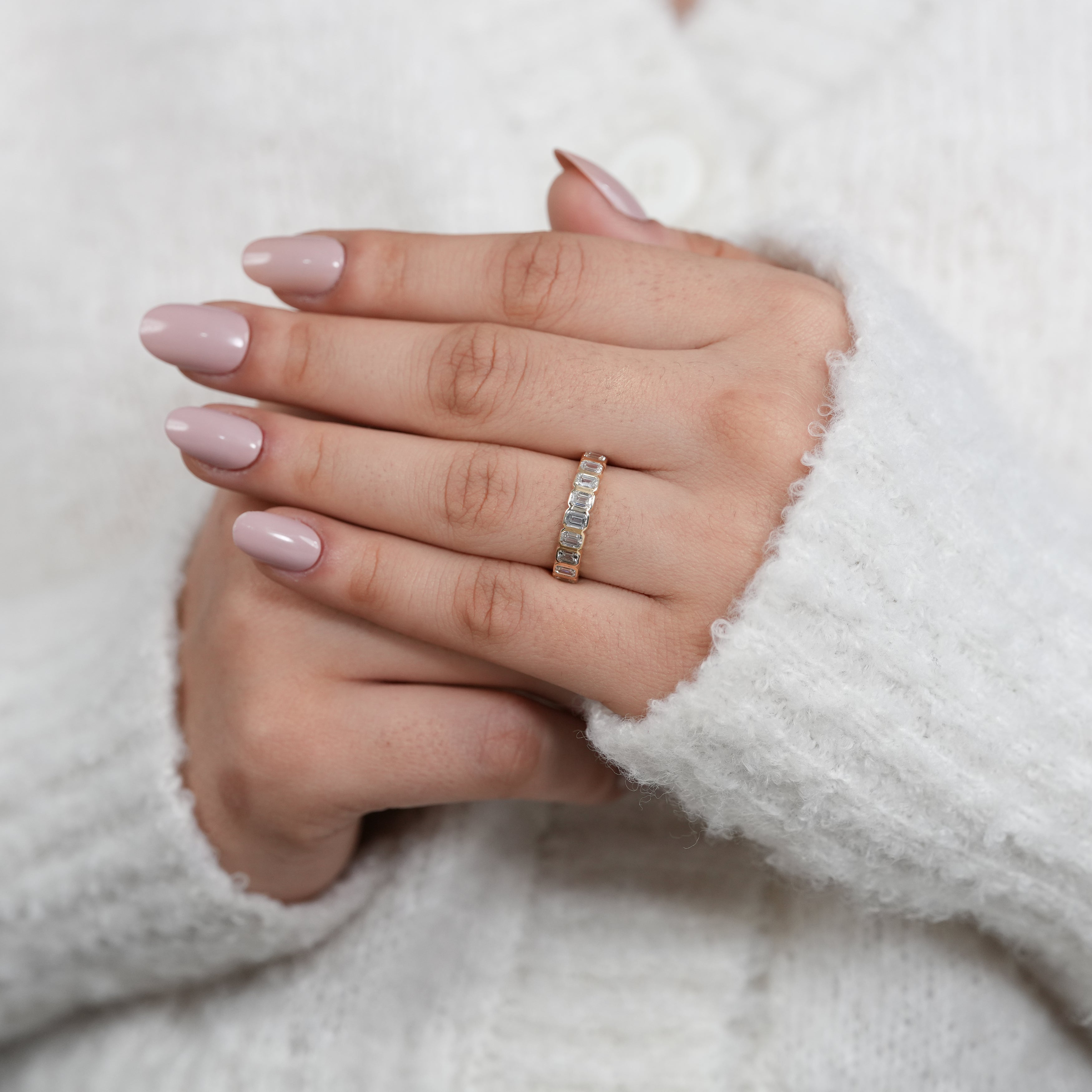 Stackable emerald cut bezel set ring with lab grown diamonds everyday elegance