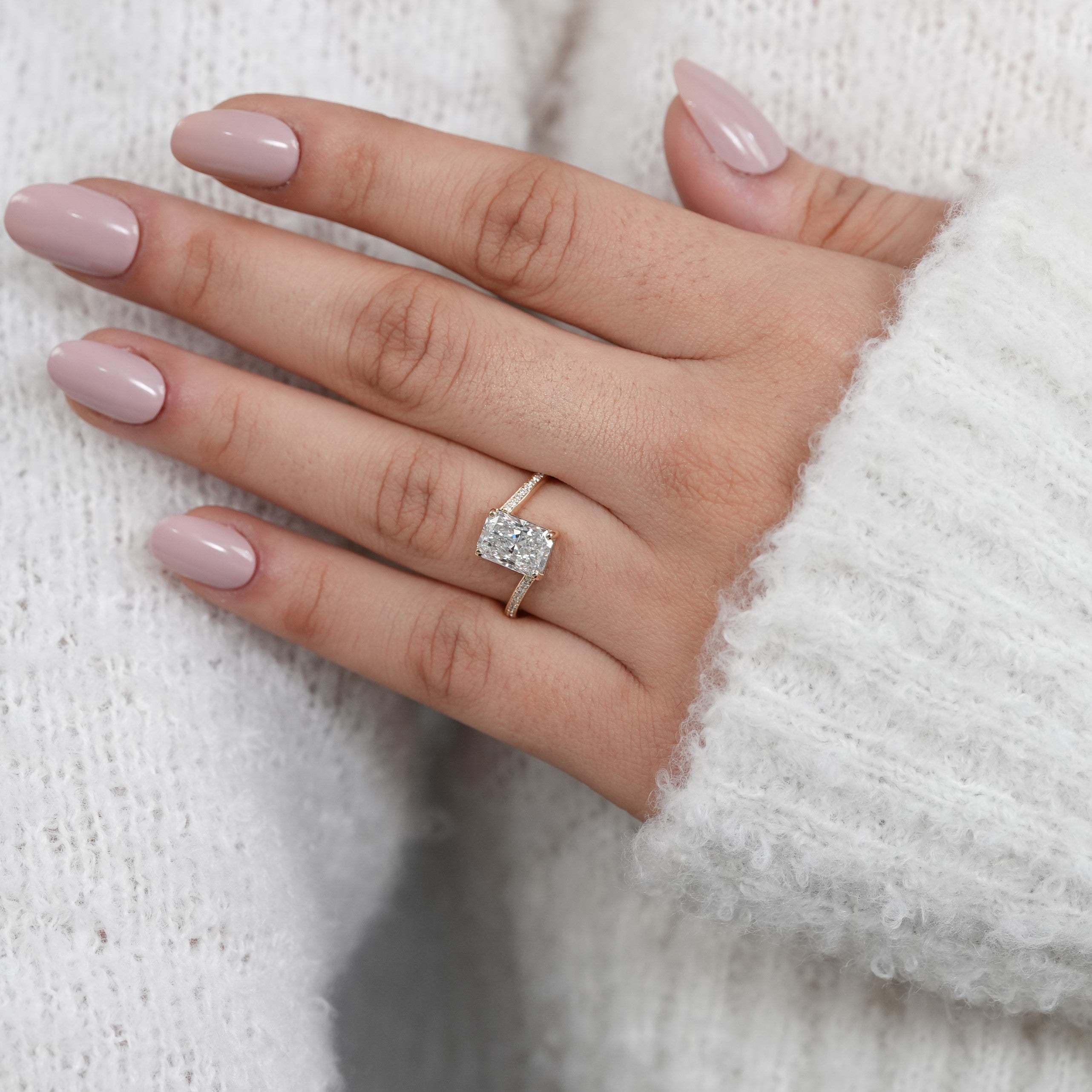 Luxury radiant cut engagement ring with lab grown diamond bypass band