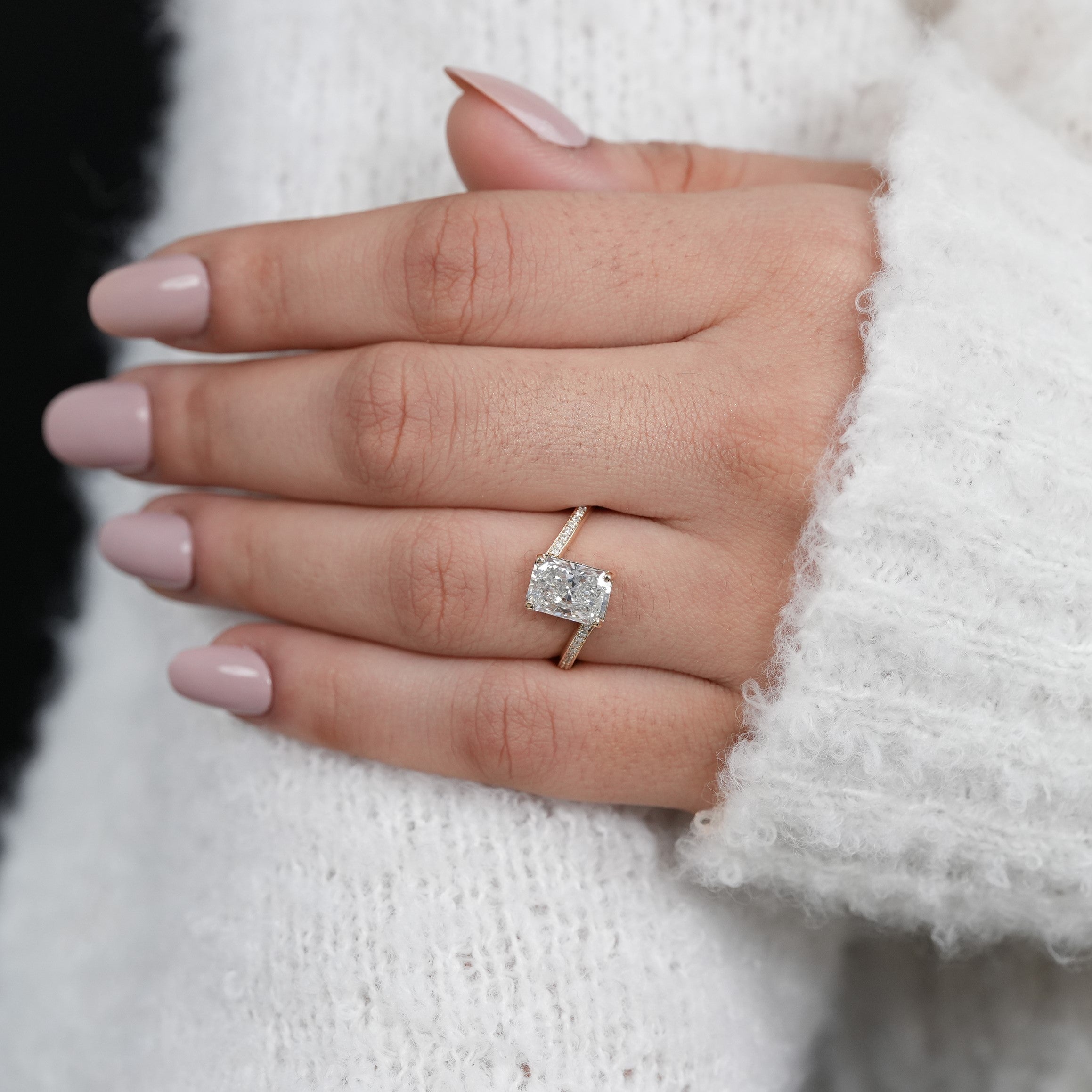 Timeless radiant cut ring featuring lab grown diamond modern bypass band