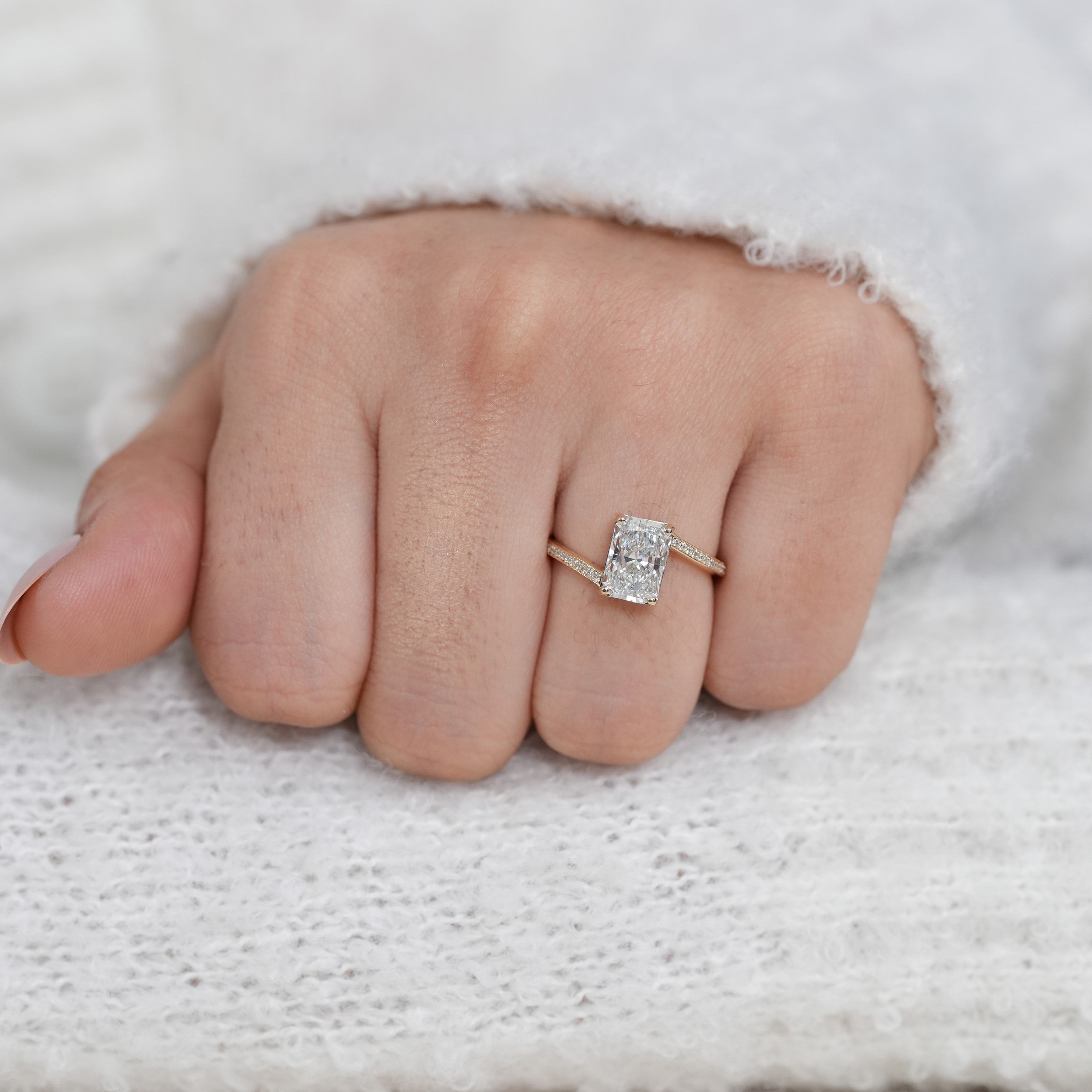 Modern radiant cut bypass band ring featuring lab grown diamond brilliance