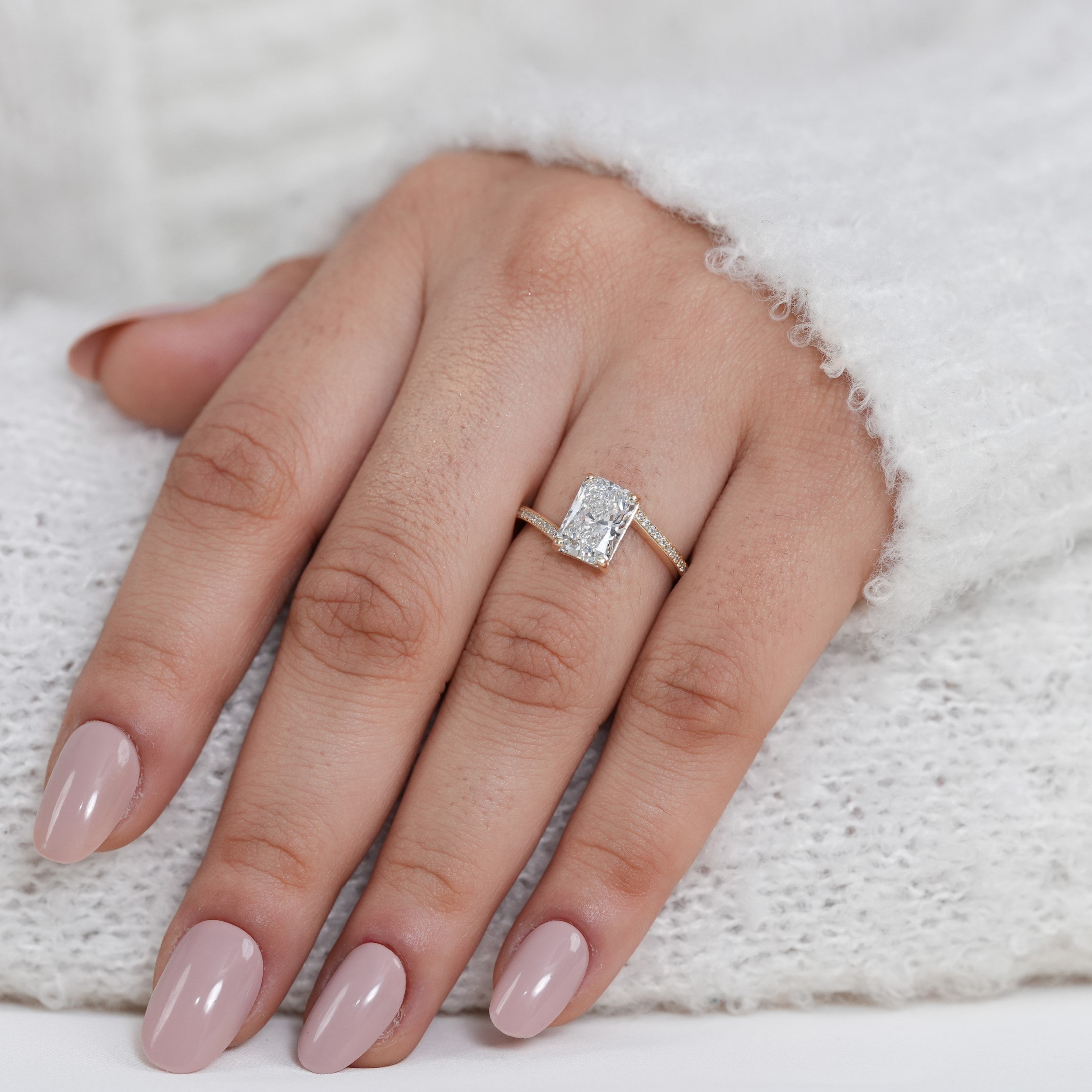 Radiant cut solitaire ring with lab grown diamond sleek bypass band