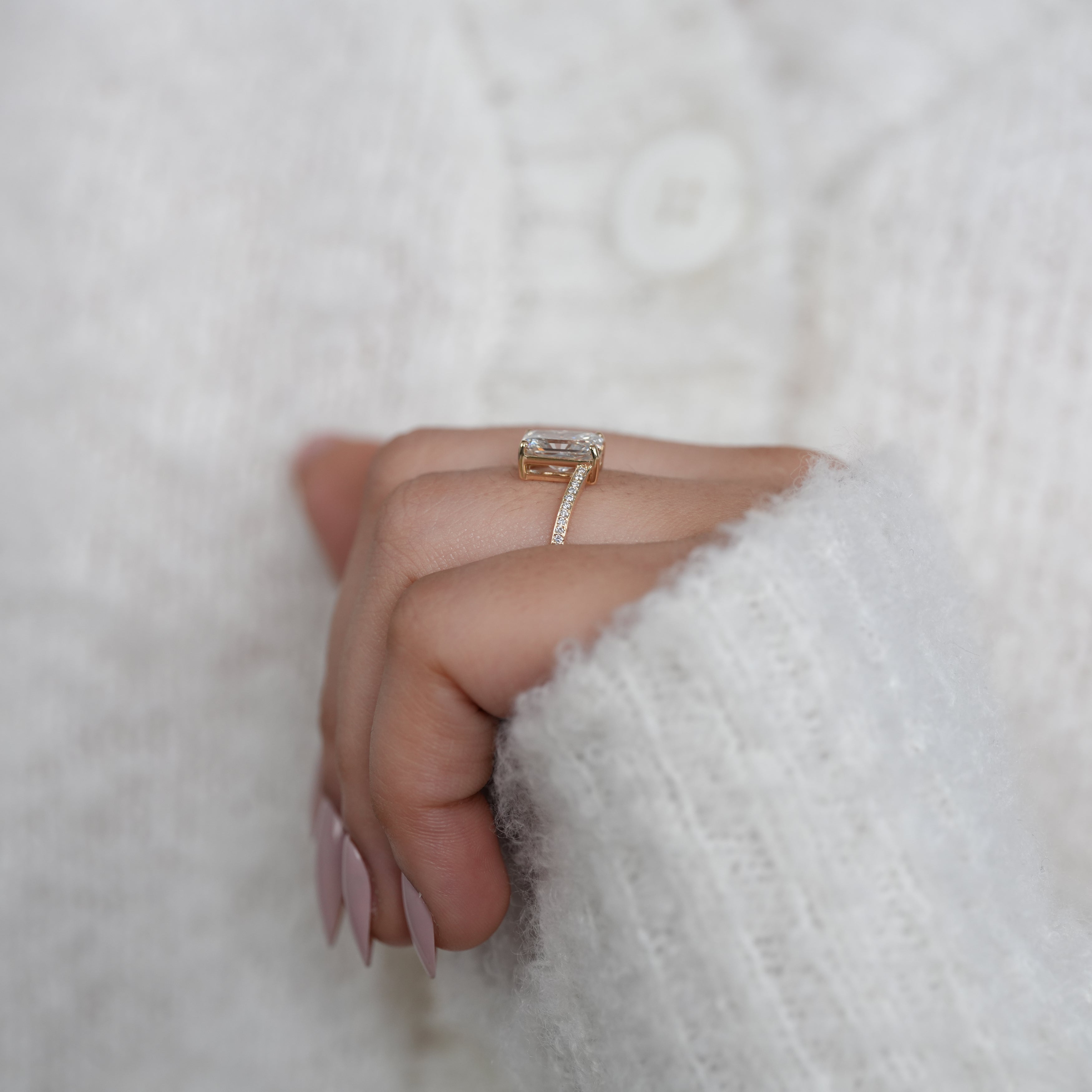 Contemporary radiant cut bypass band ring showcasing lab grown diamond