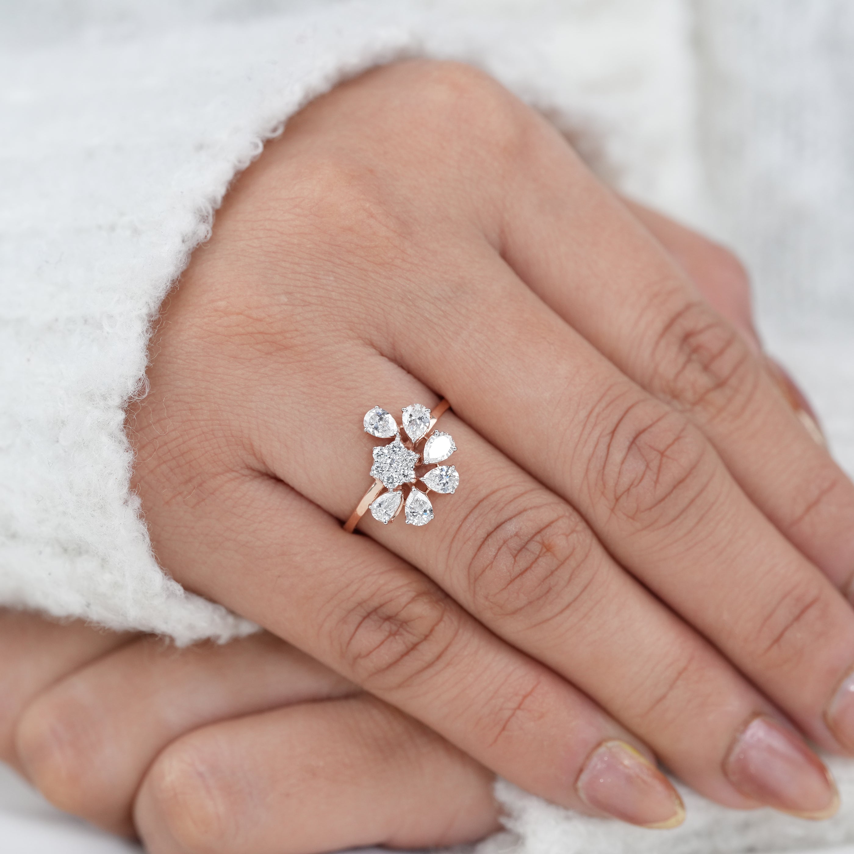 Floral Cluster Pear Lab Diamond Wedding Ring