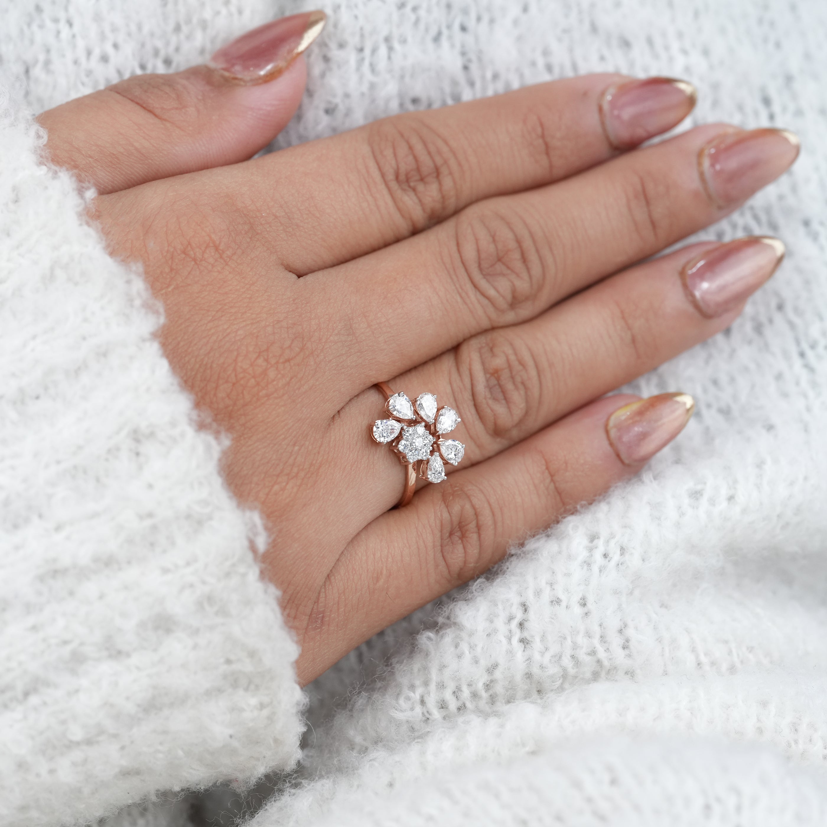Floral Cluster Pear Lab Diamond Wedding Ring