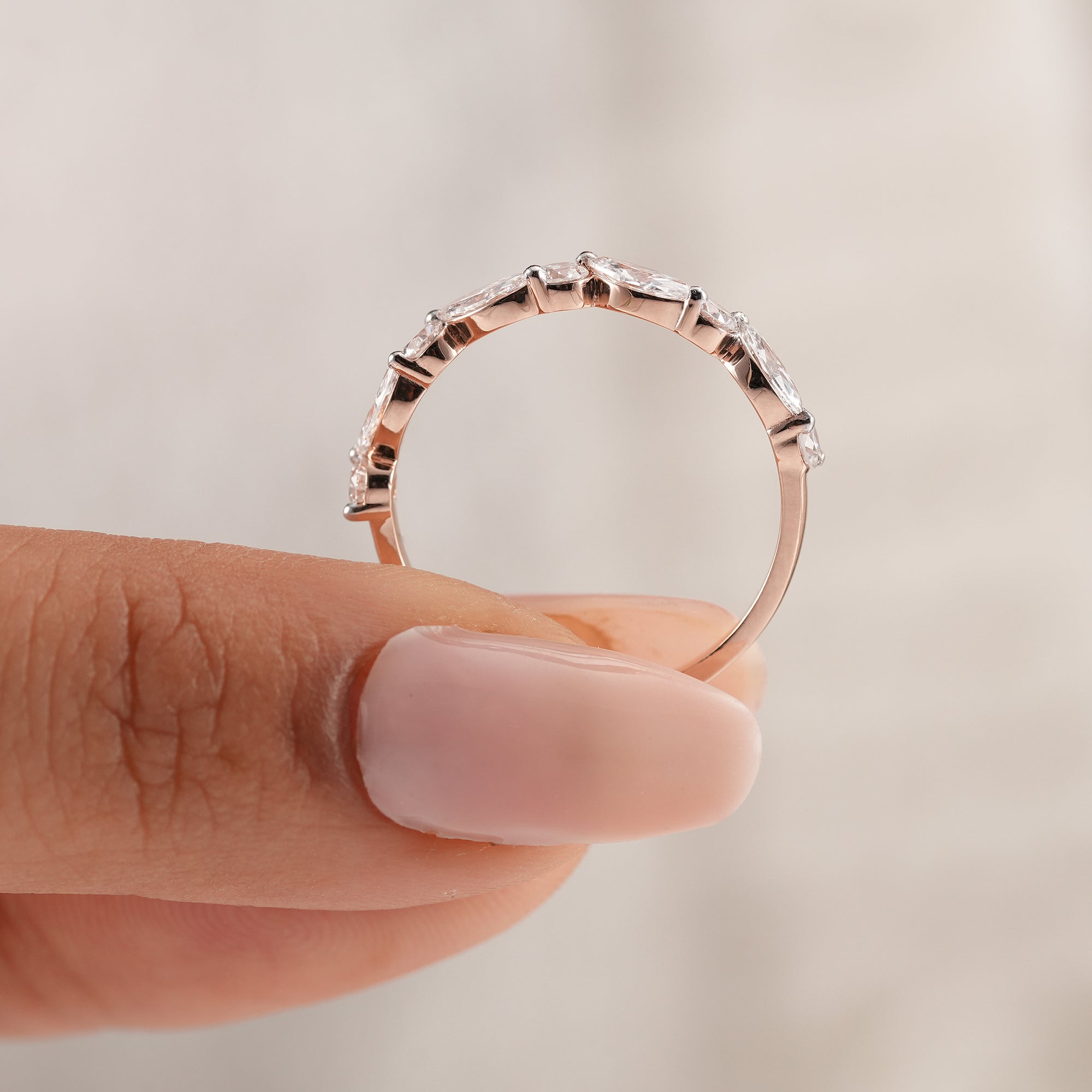 Sustainable marquise diamond stackable ring.