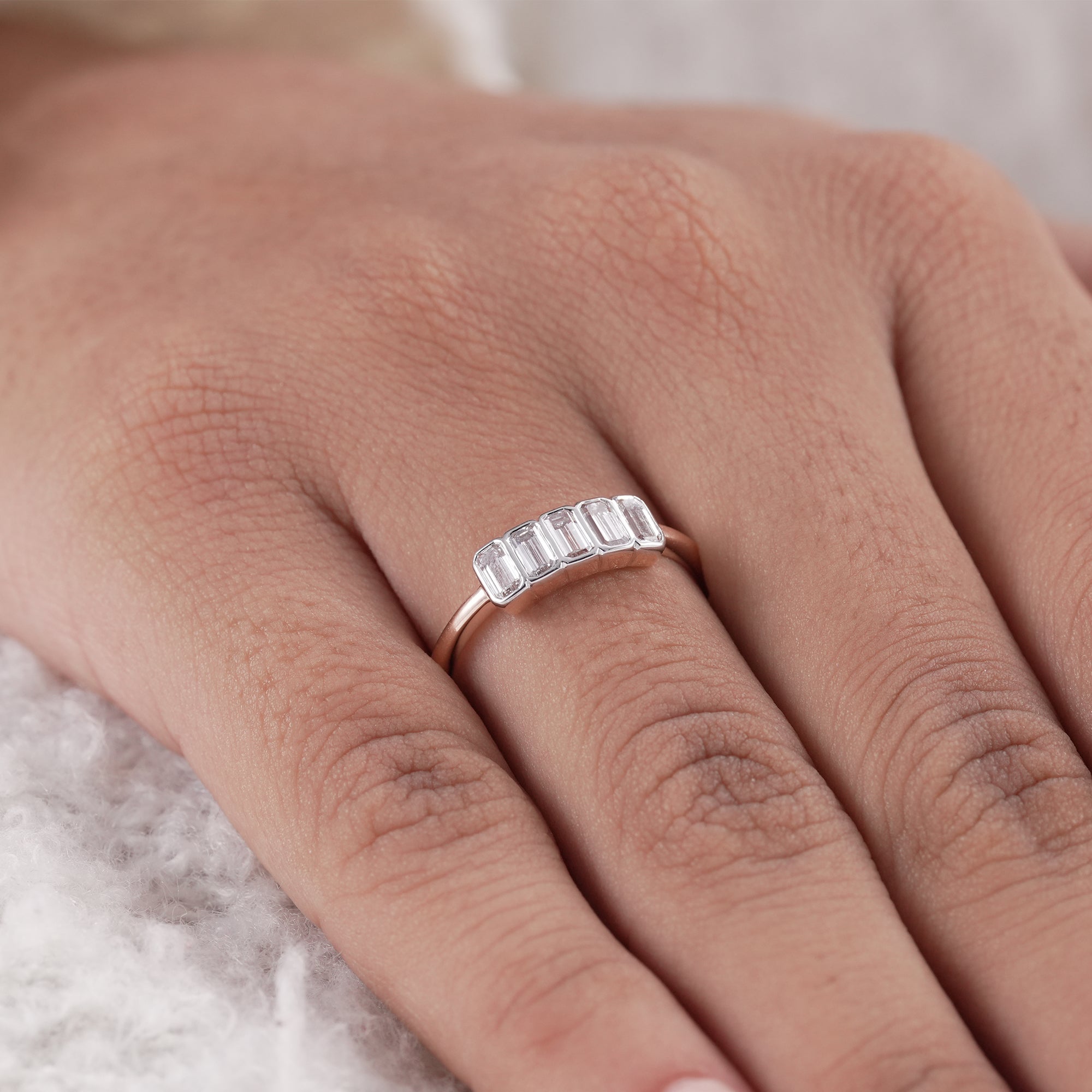Bezel Set 5 Stone Emerald Cut Lab Diamond Wedding Band