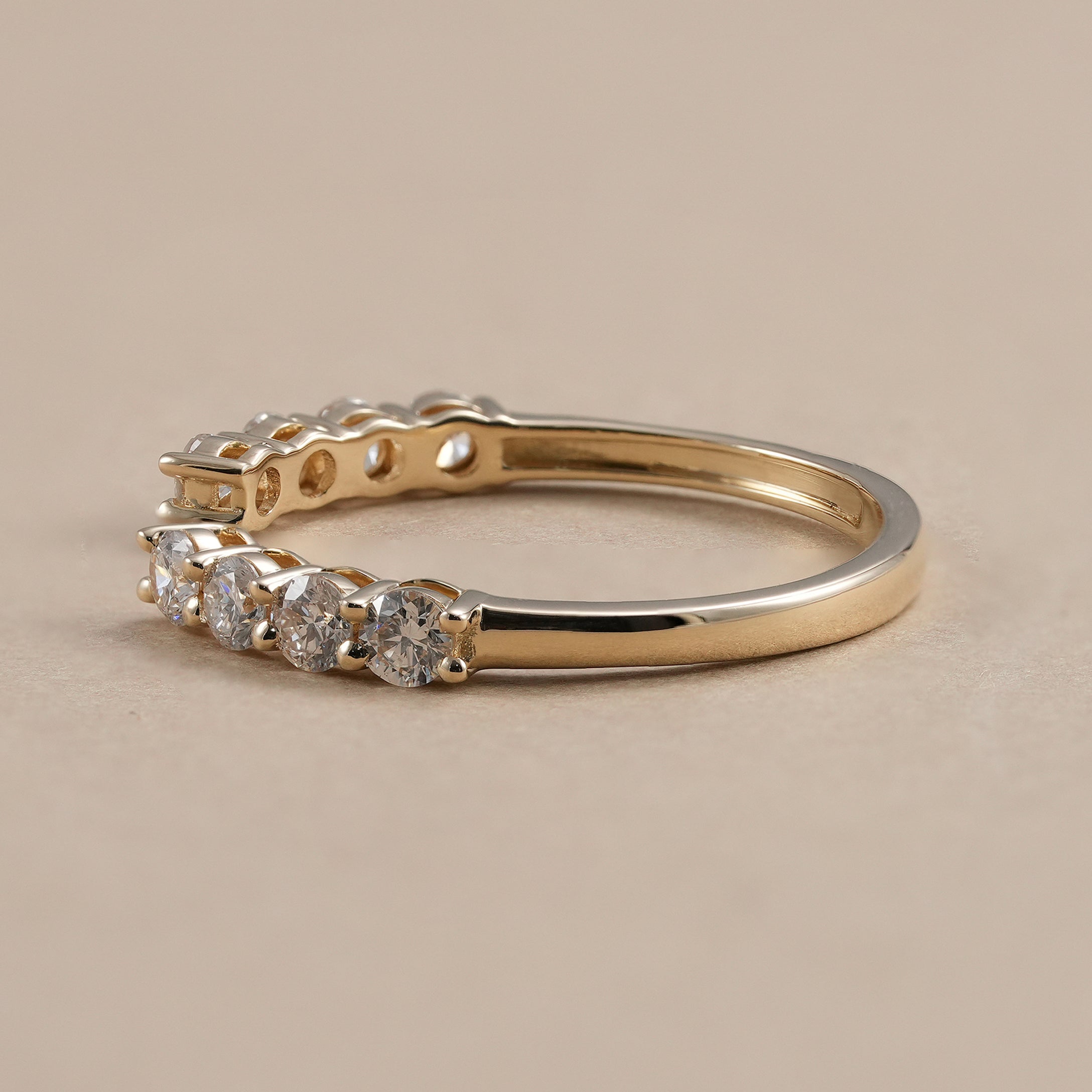 Minimalist stacking wedding ring with round diamonds