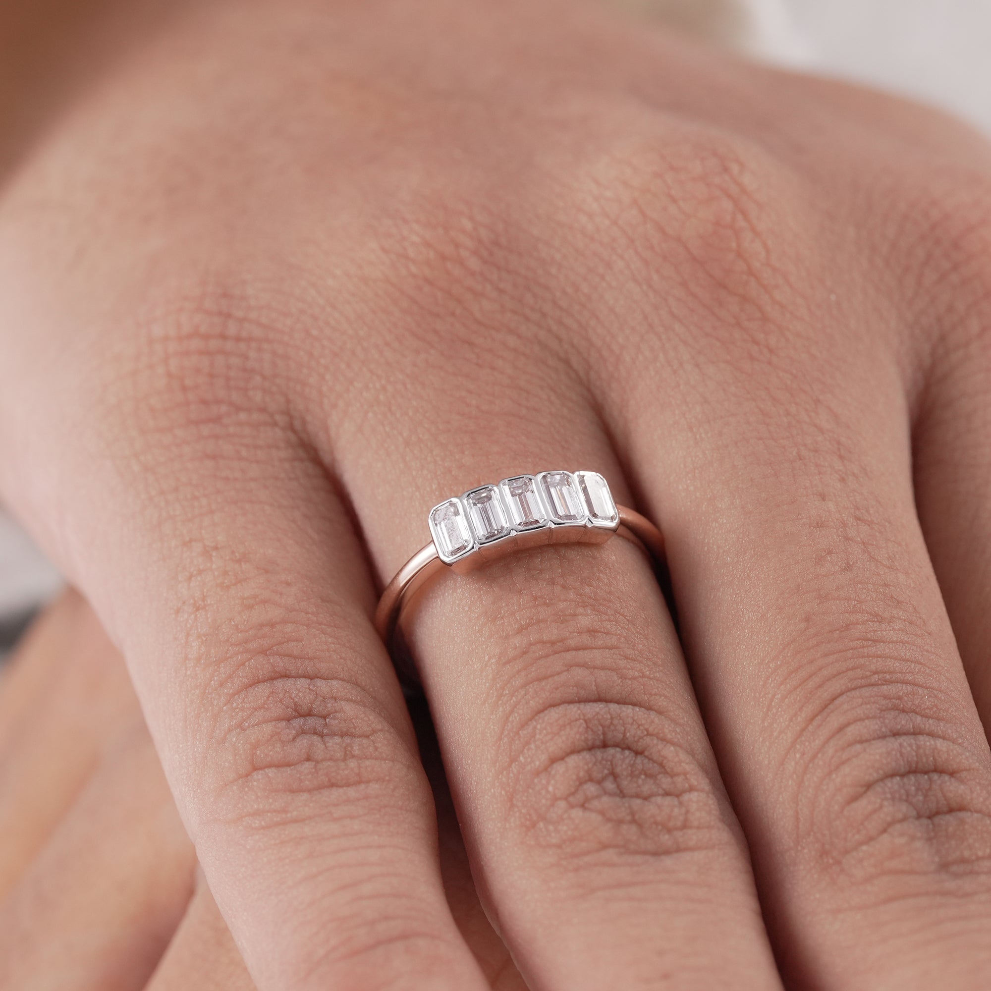 Bezel Set 5 Stone Emerald Cut Lab Diamond Wedding Band