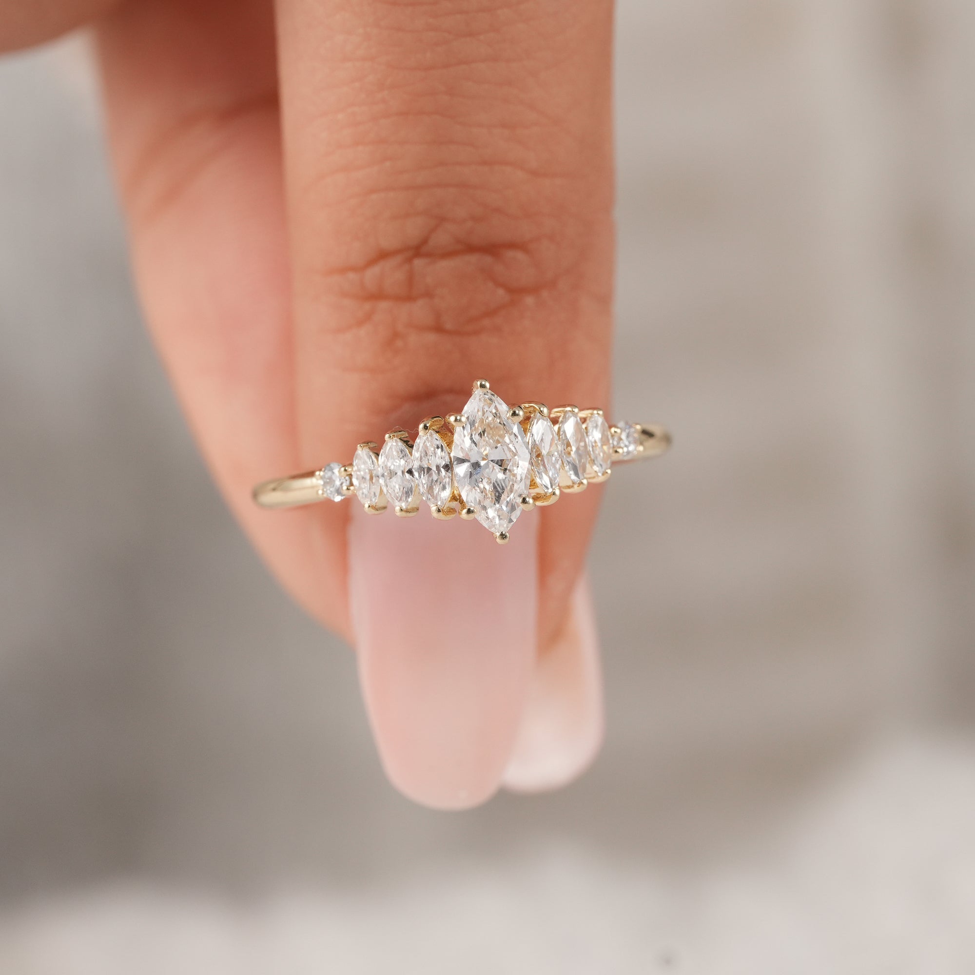 Handmade seven stone lab diamond engagement ring.
