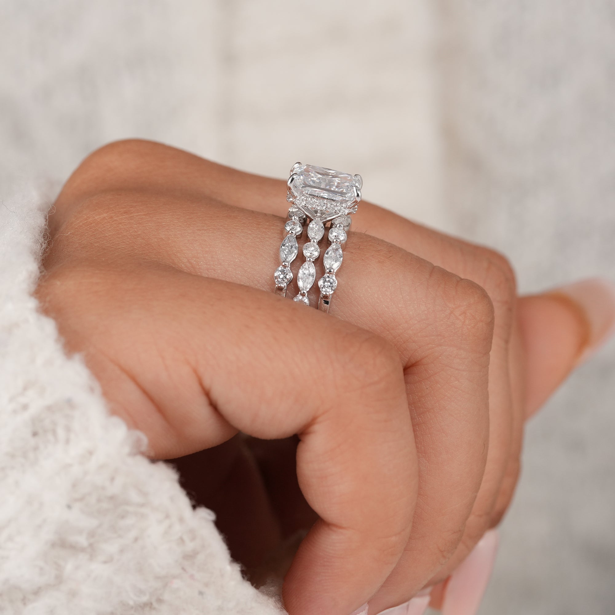 Fine jewelry radiant lab diamond bridal collection.