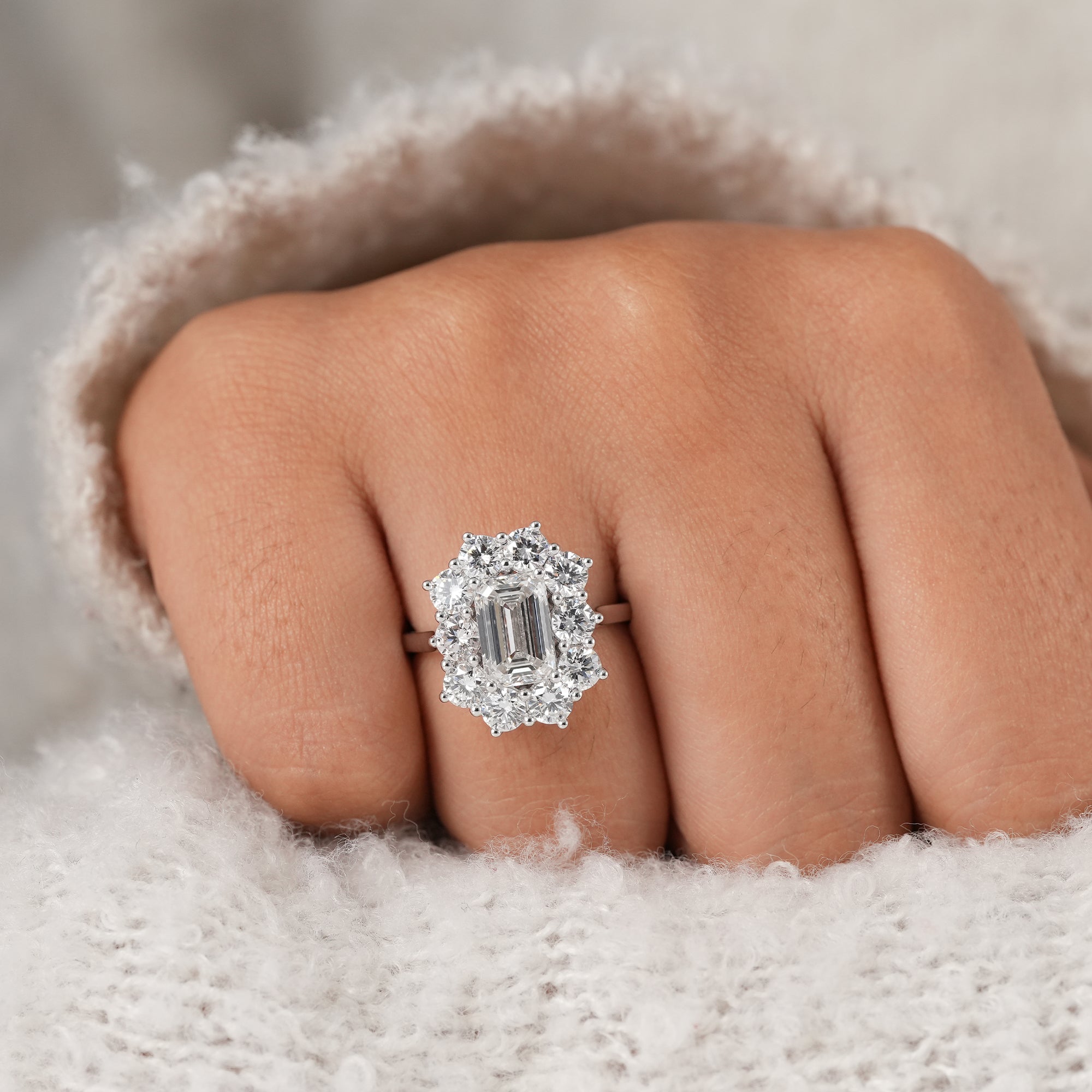 Sustainable emerald lab diamond halo engagement ring