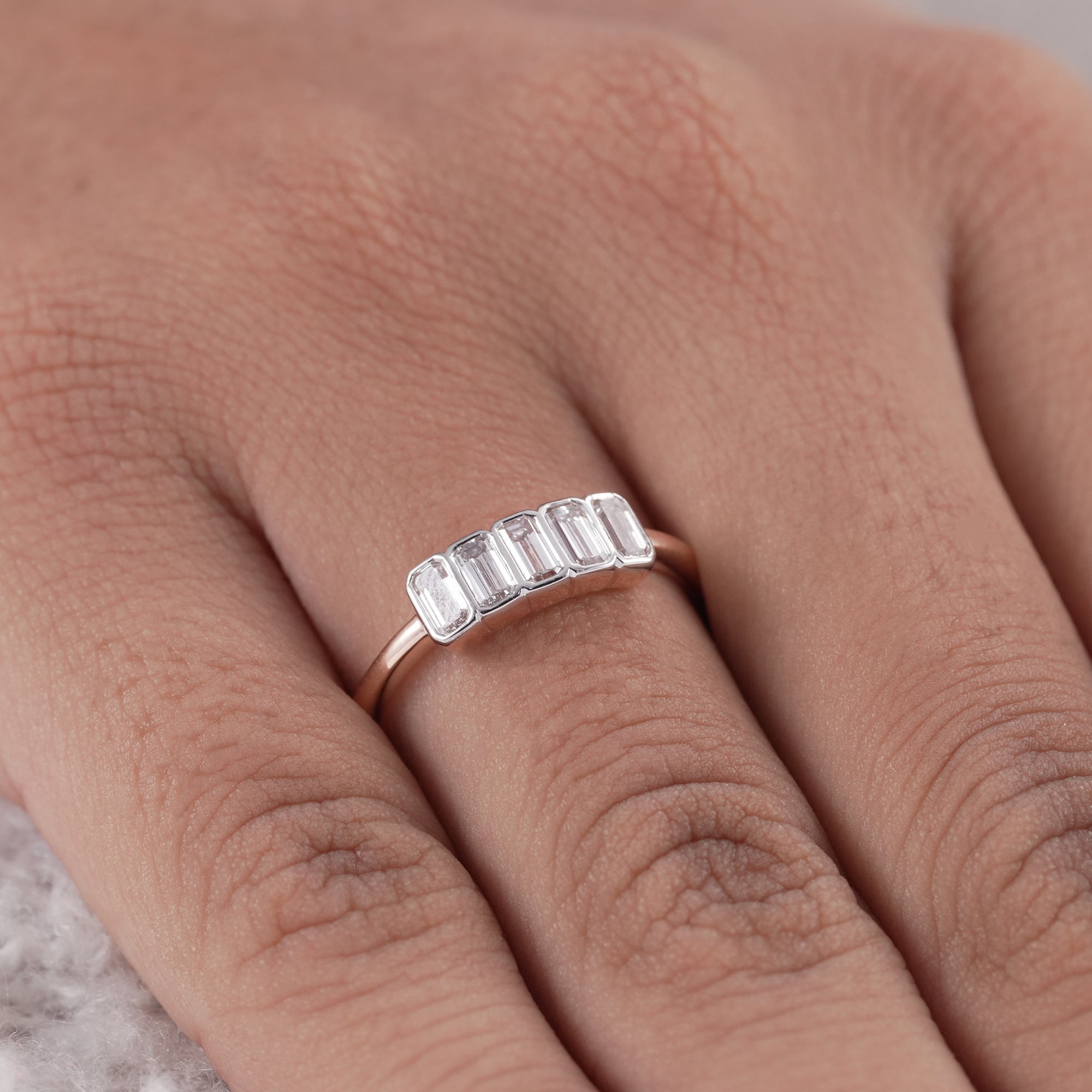 Bezel Set 5 Stone Emerald Cut Lab Diamond Wedding Band