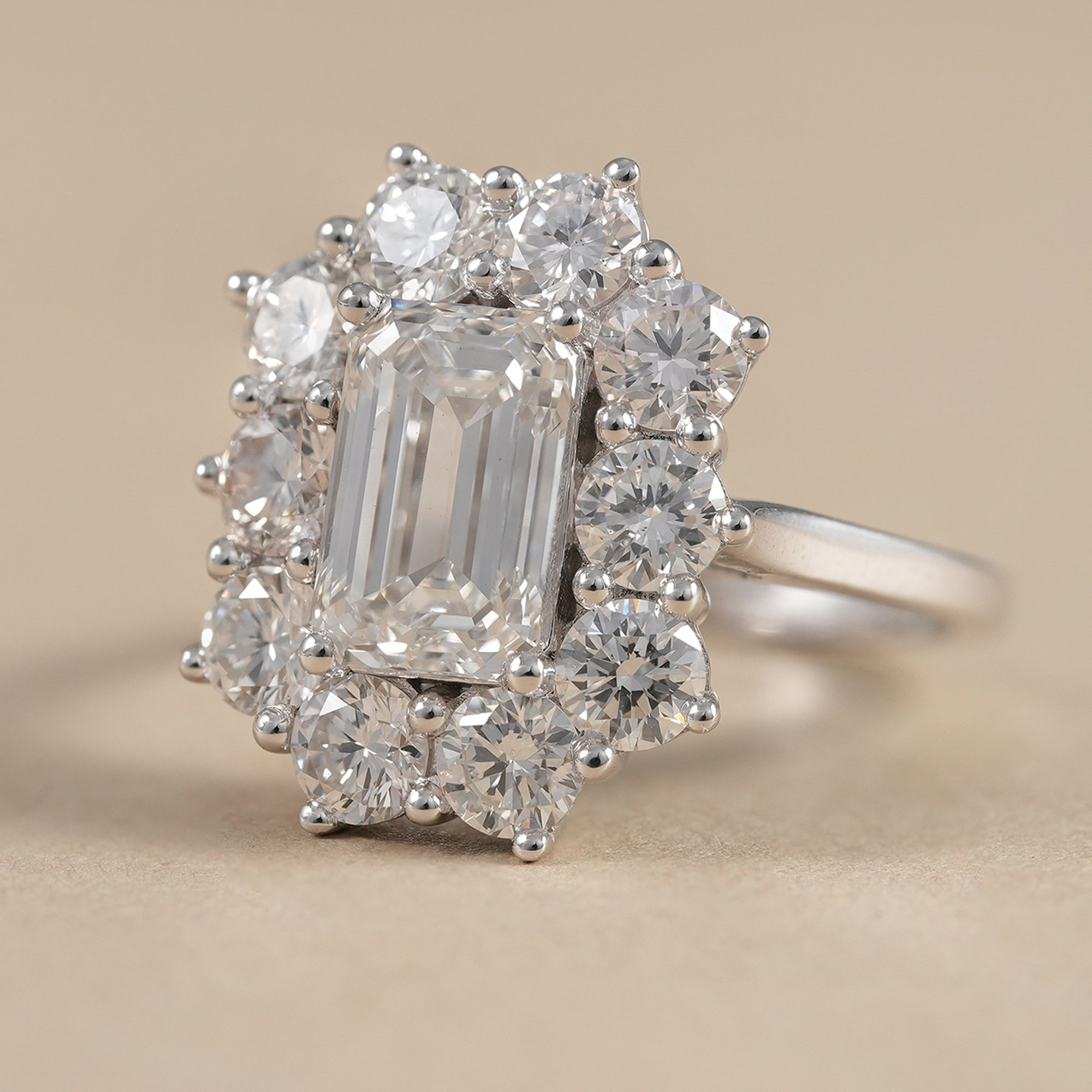 Floral halo emerald lab diamond bridal ring for women