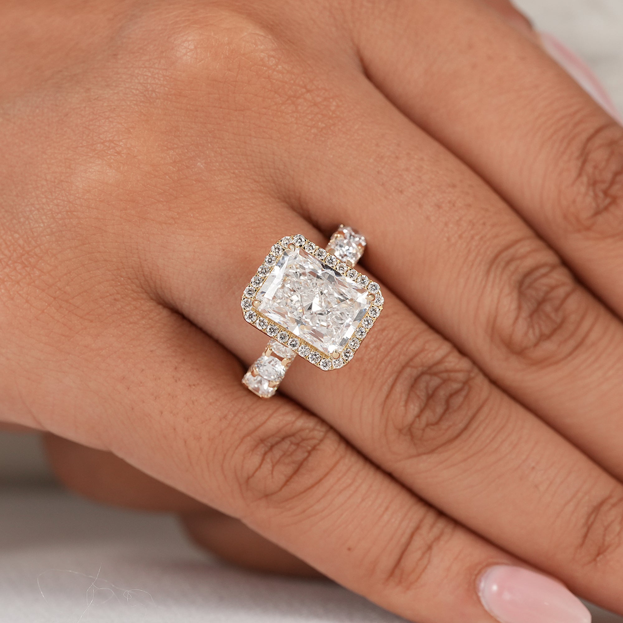 Radiant Cut Lab Diamond Halo Engagement Ring With Full Detailed Band